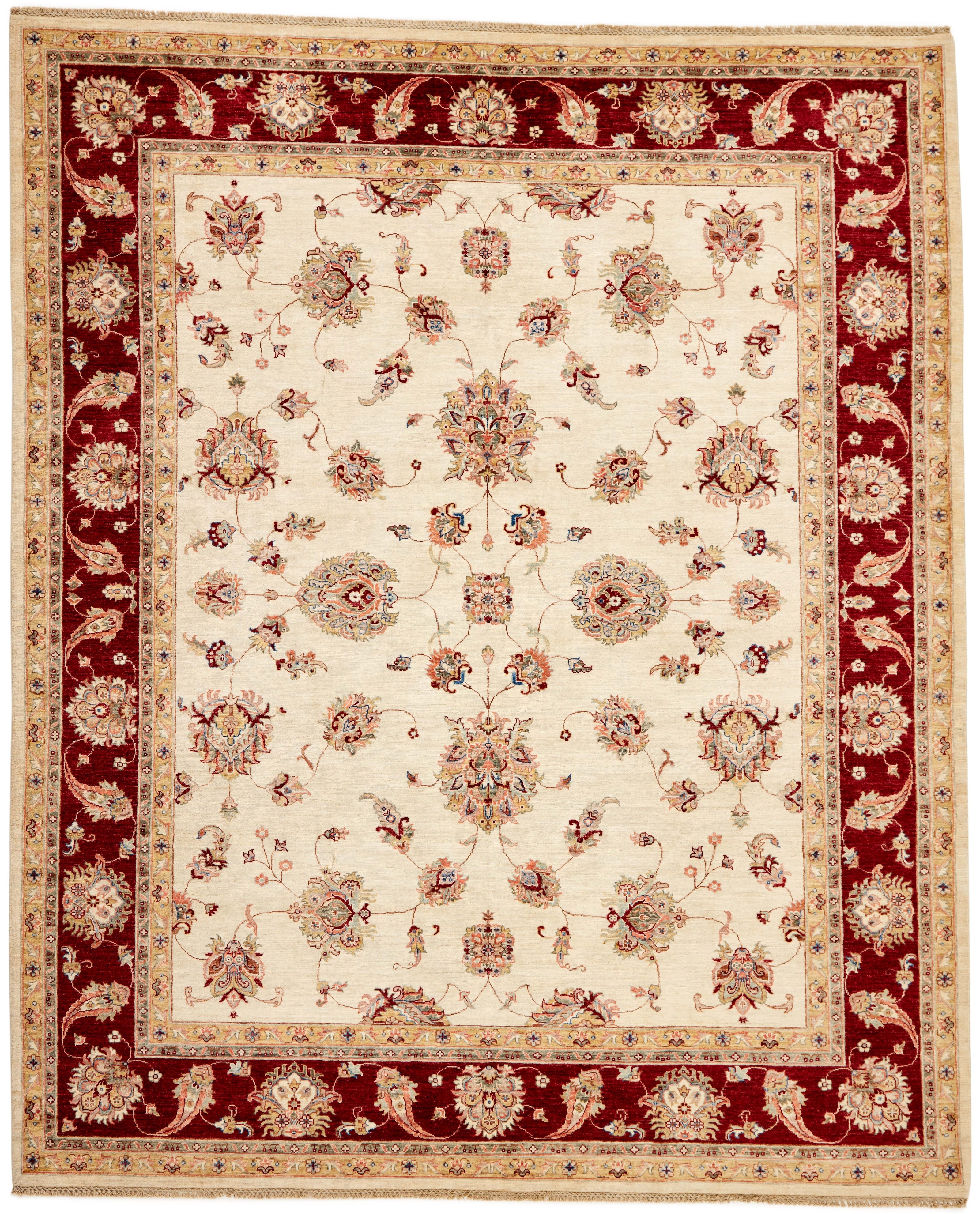 Authentic oriental rug with delicate floral pattern in red and ivory
