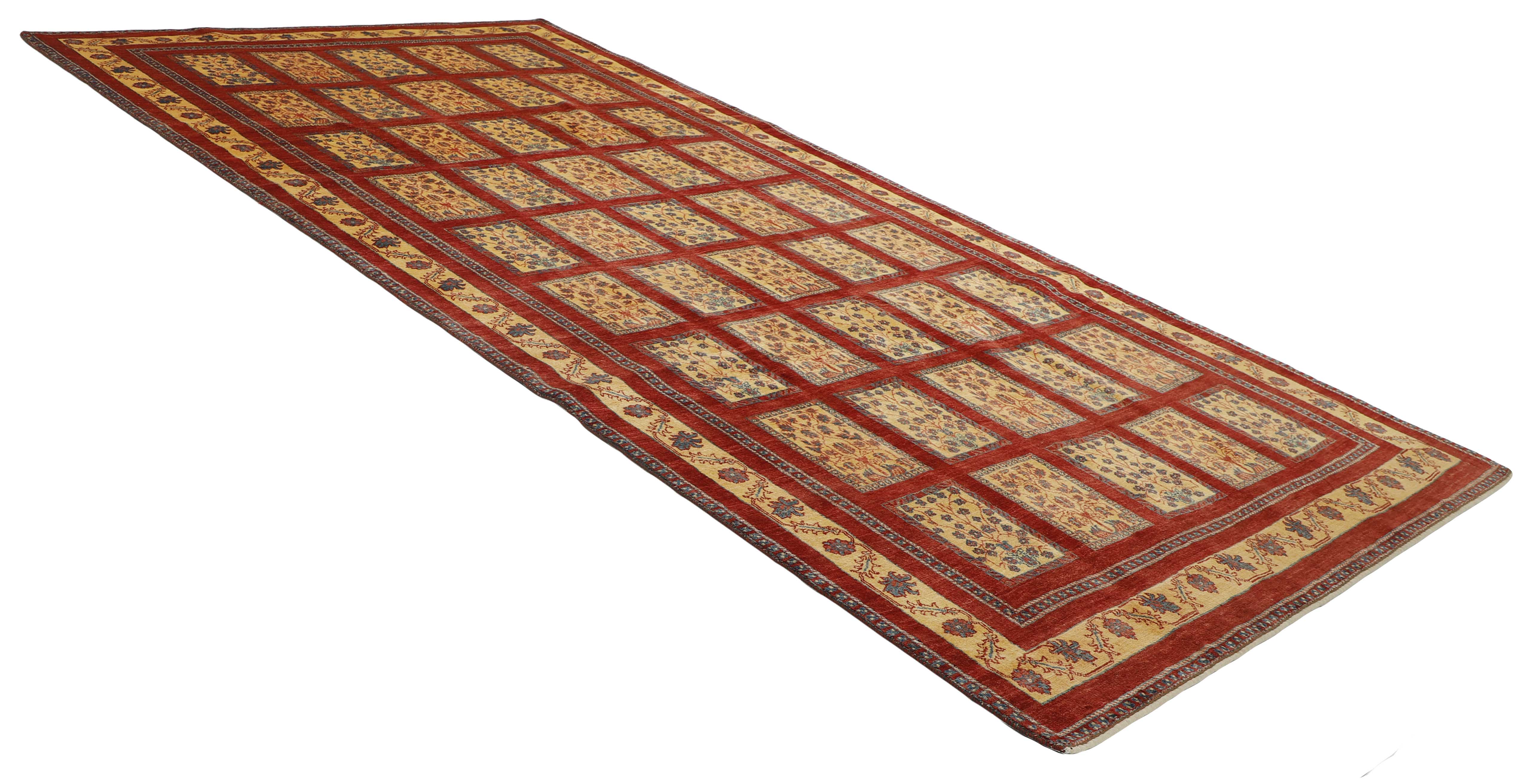 red Persian rug with tribal geometric design