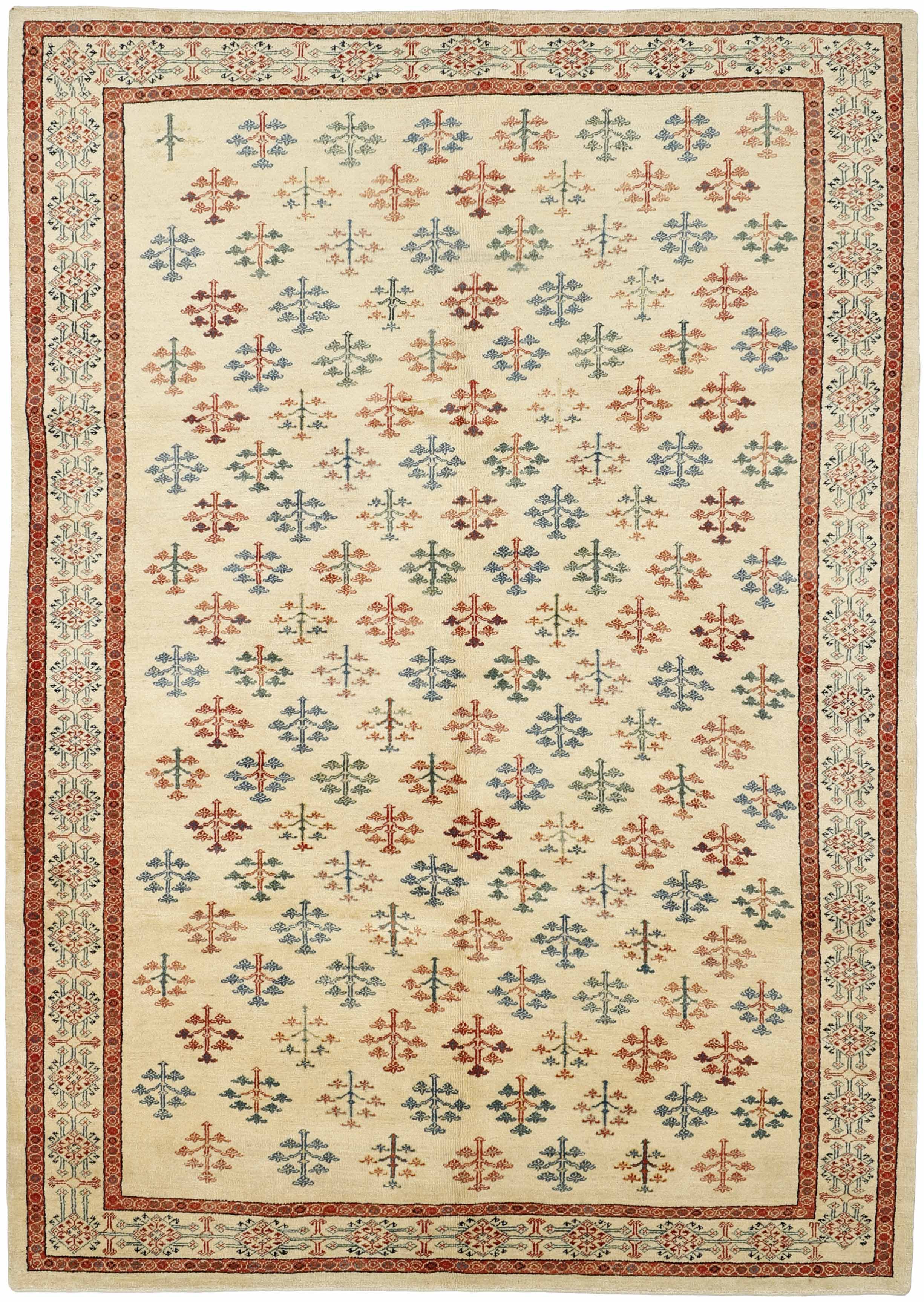 beige Persian rug with tribal geometric design