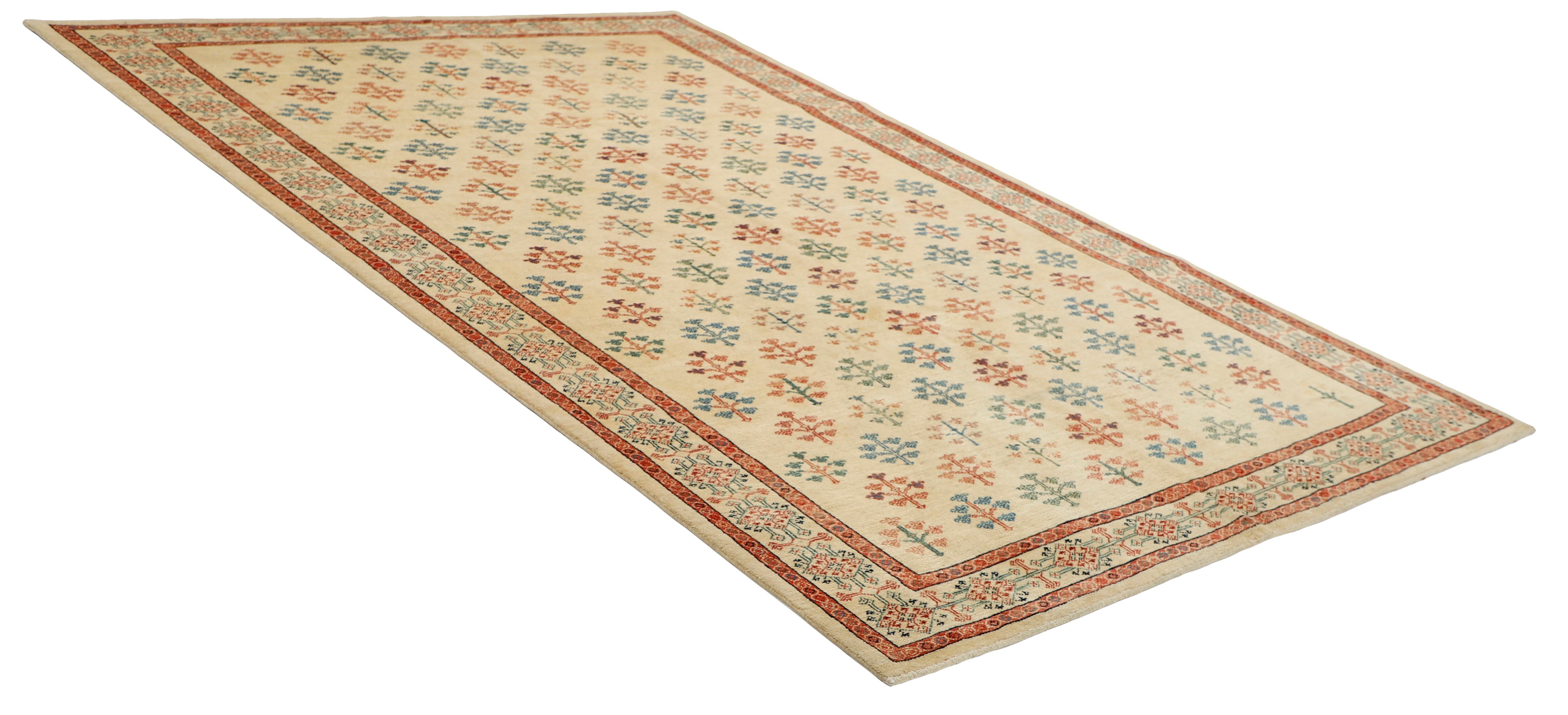 beige Persian rug with tribal geometric design