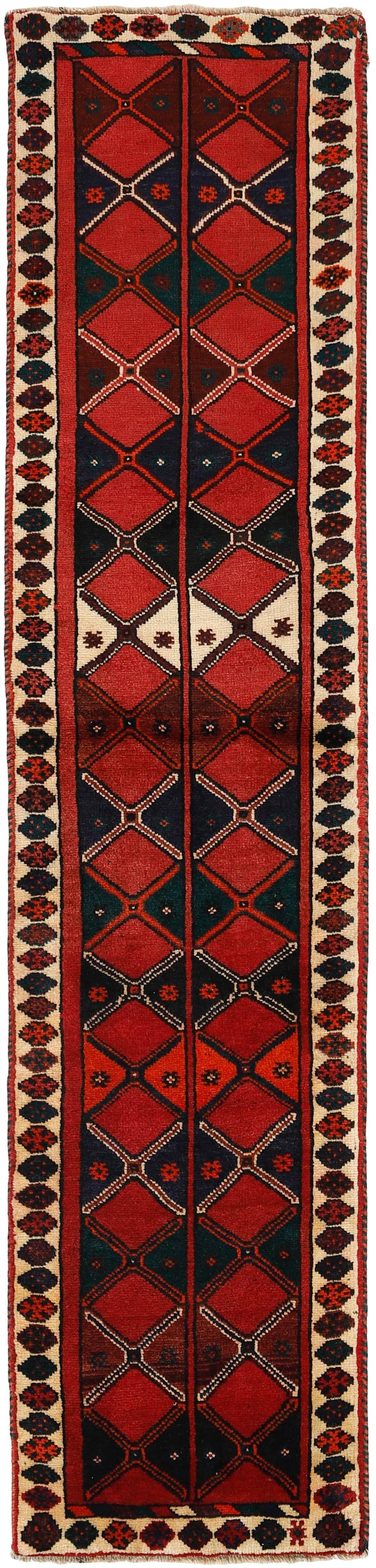 Authentic persian runner with a traditional tribal geometric pattern in red, black and beige