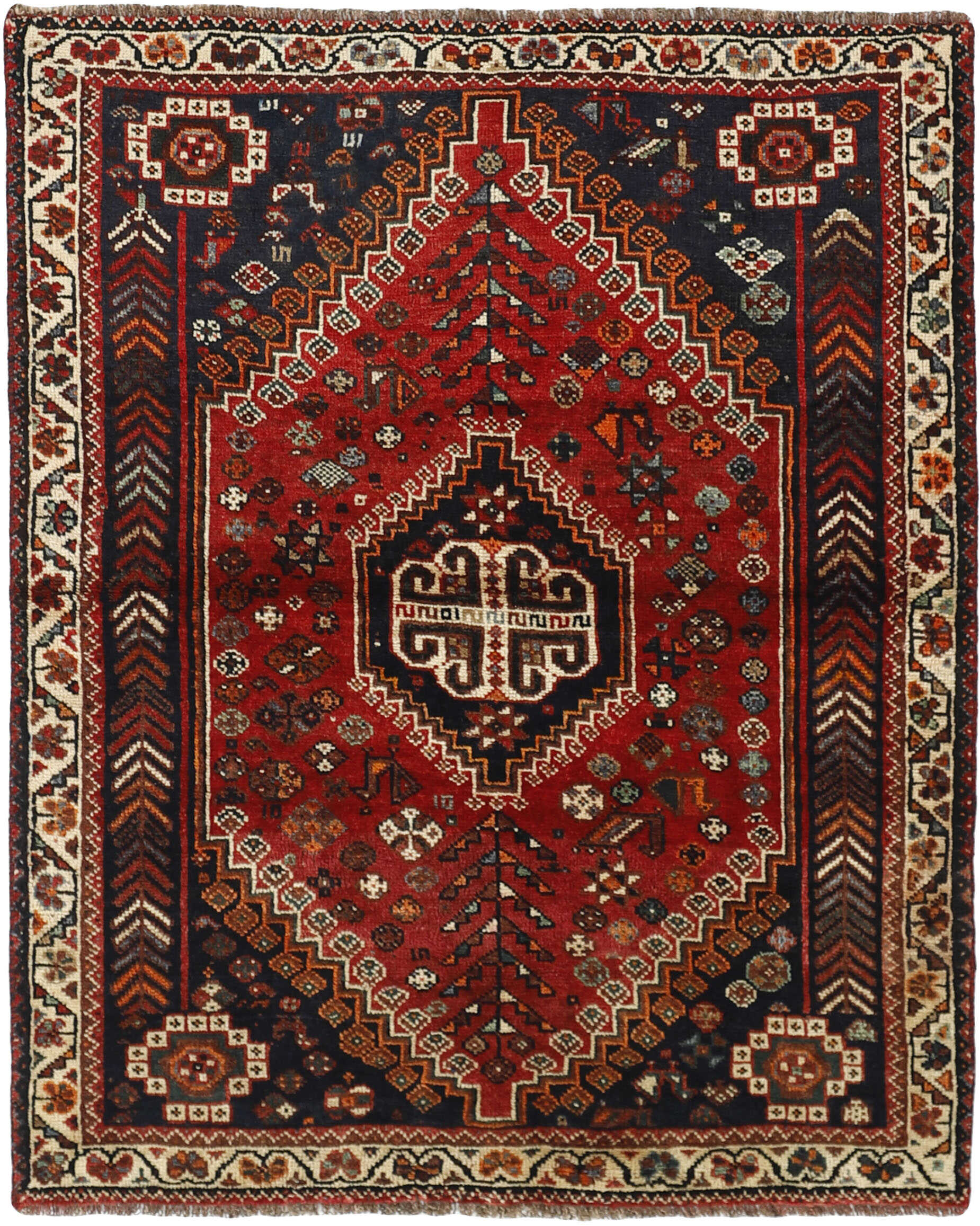 Authentic persian rug with a traditional tribal geometric pattern in red, black and beige