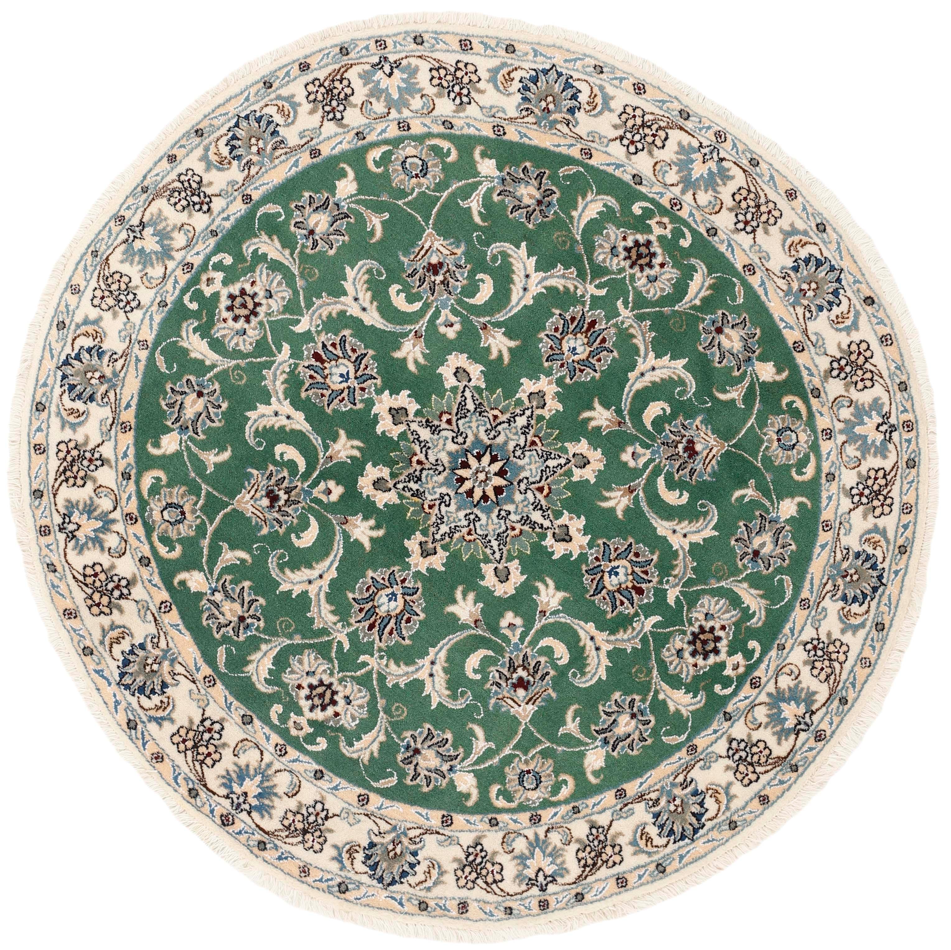 Authentic persian circle rug with a traditional floral design in green, beige and brown