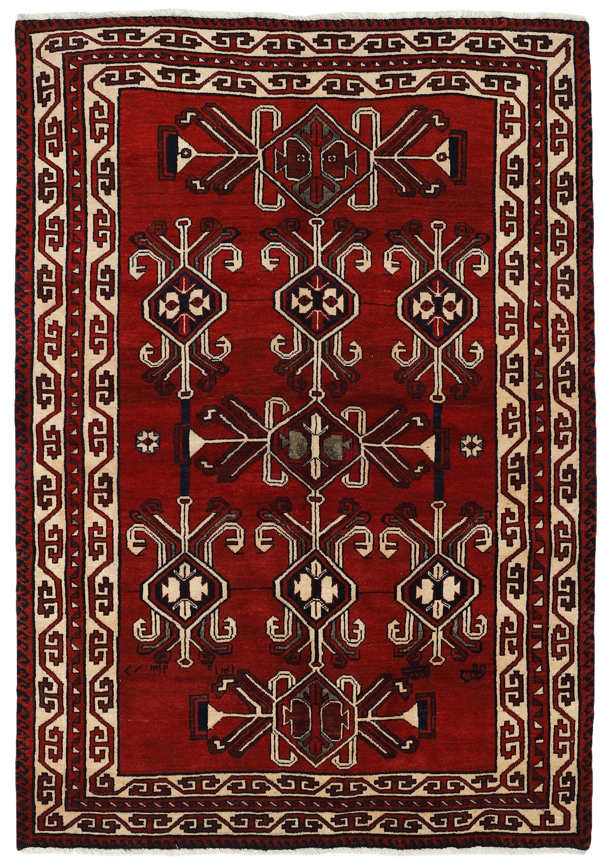 Red and ivory persian rug with traditional tribal geometric pattern