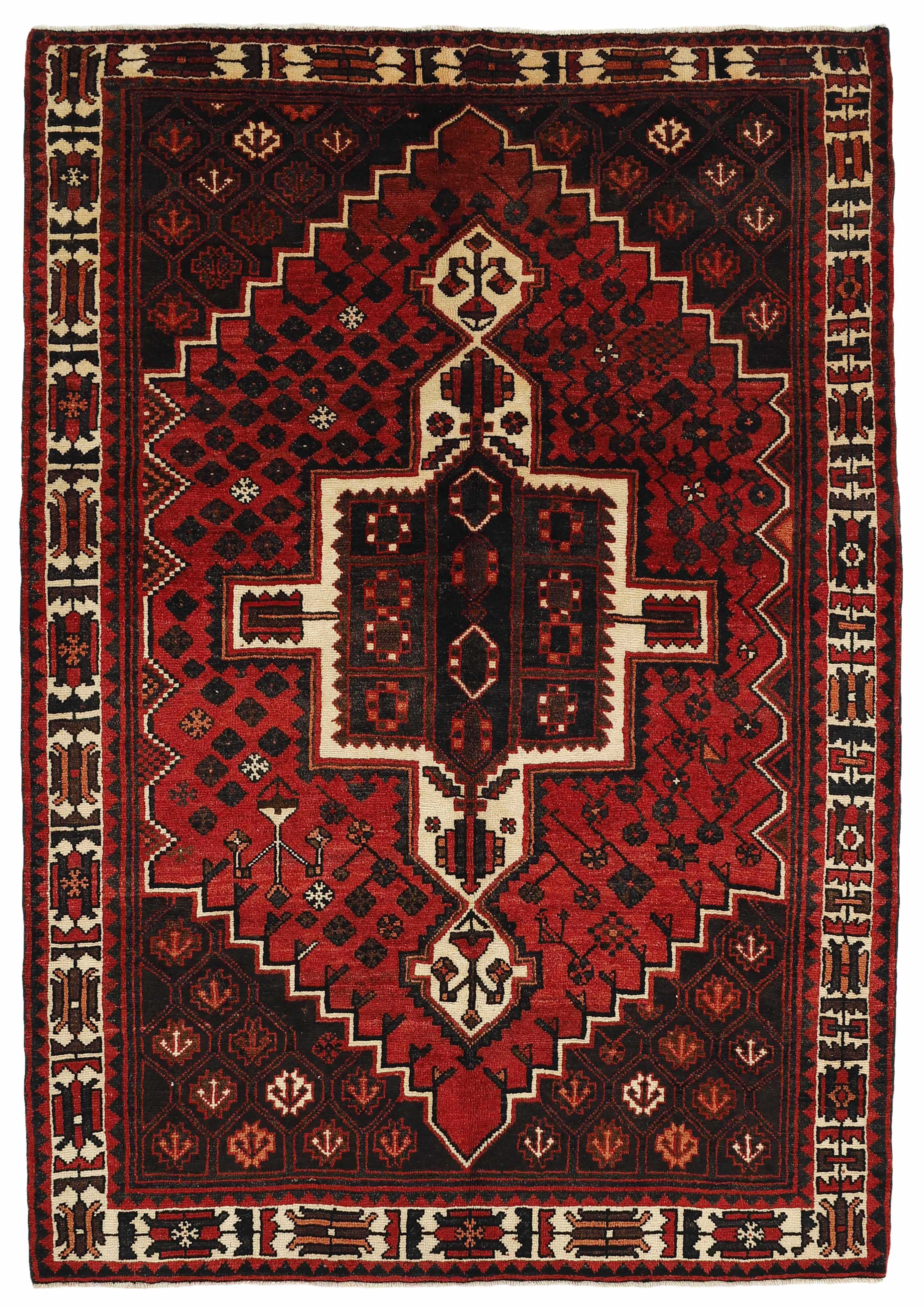 Red and ivory persian rug with traditional tribal geometric pattern