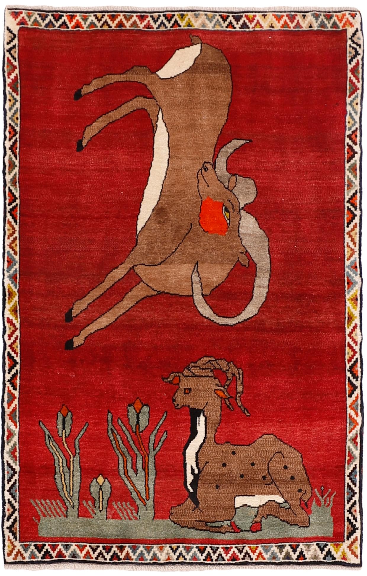 red persian rug with figural design