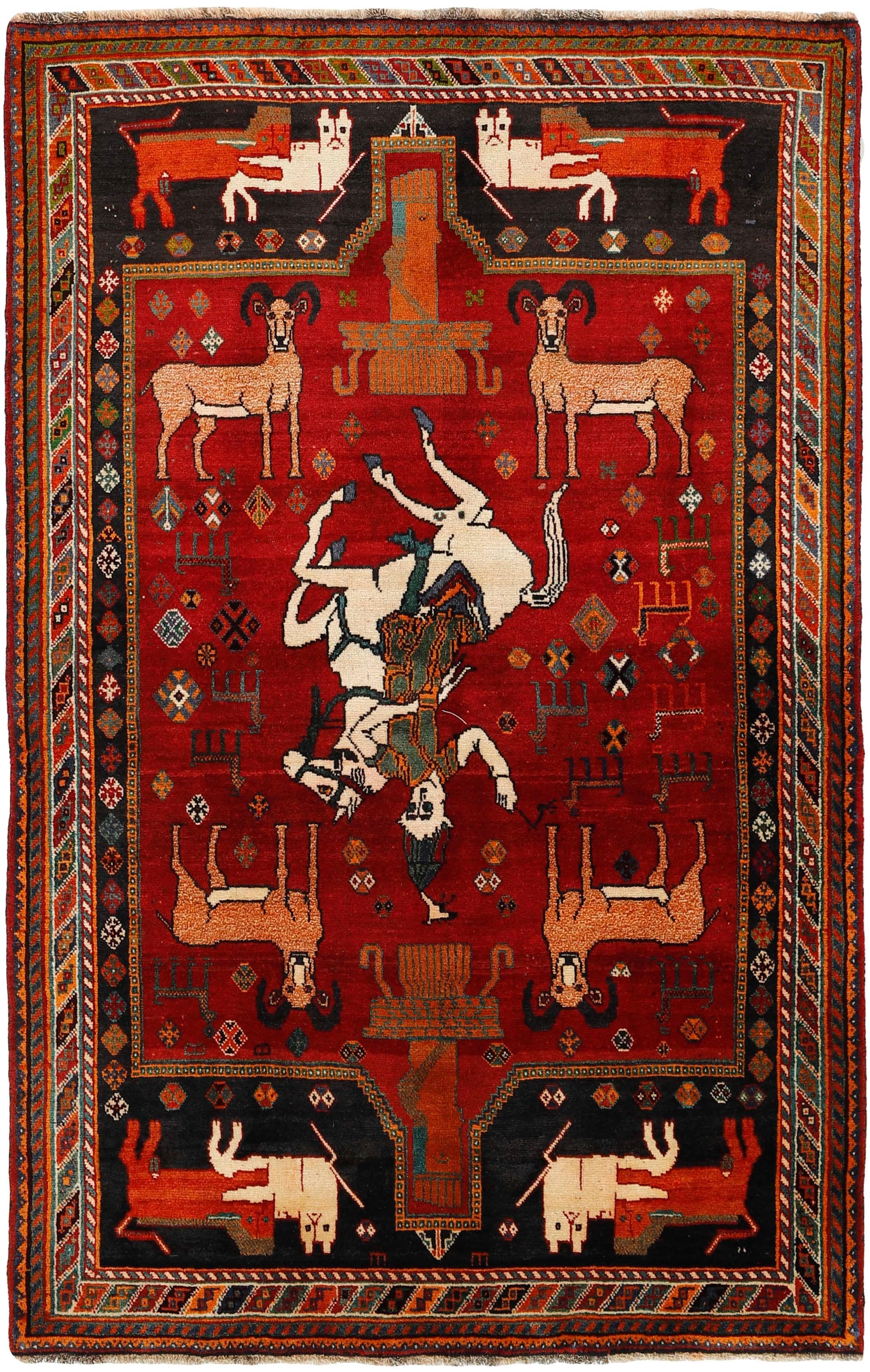 red persian rug with figural design