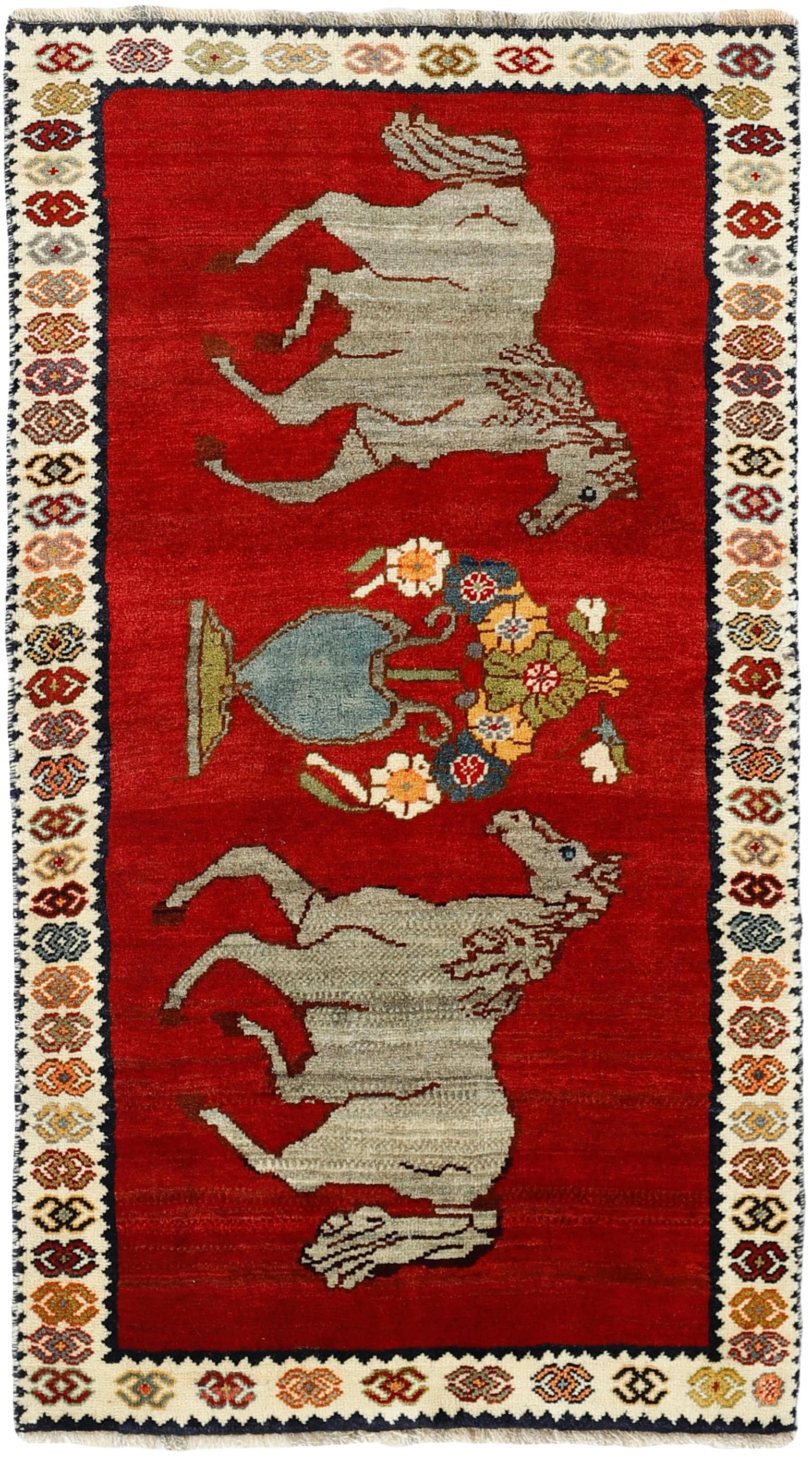 red persian rug with figural design