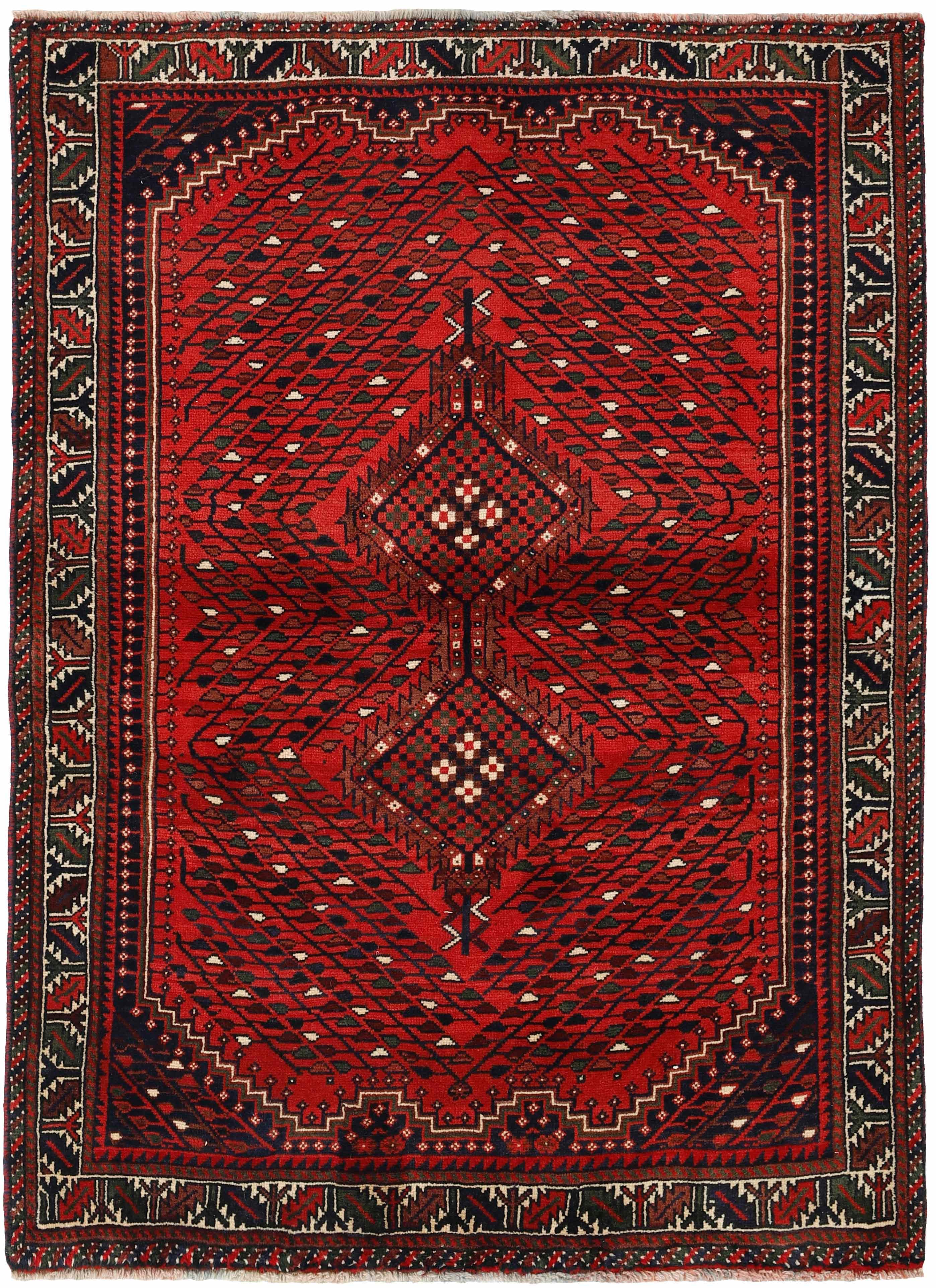 Authentic persian rug with a traditional tribal geometric pattern in red, black and ivory