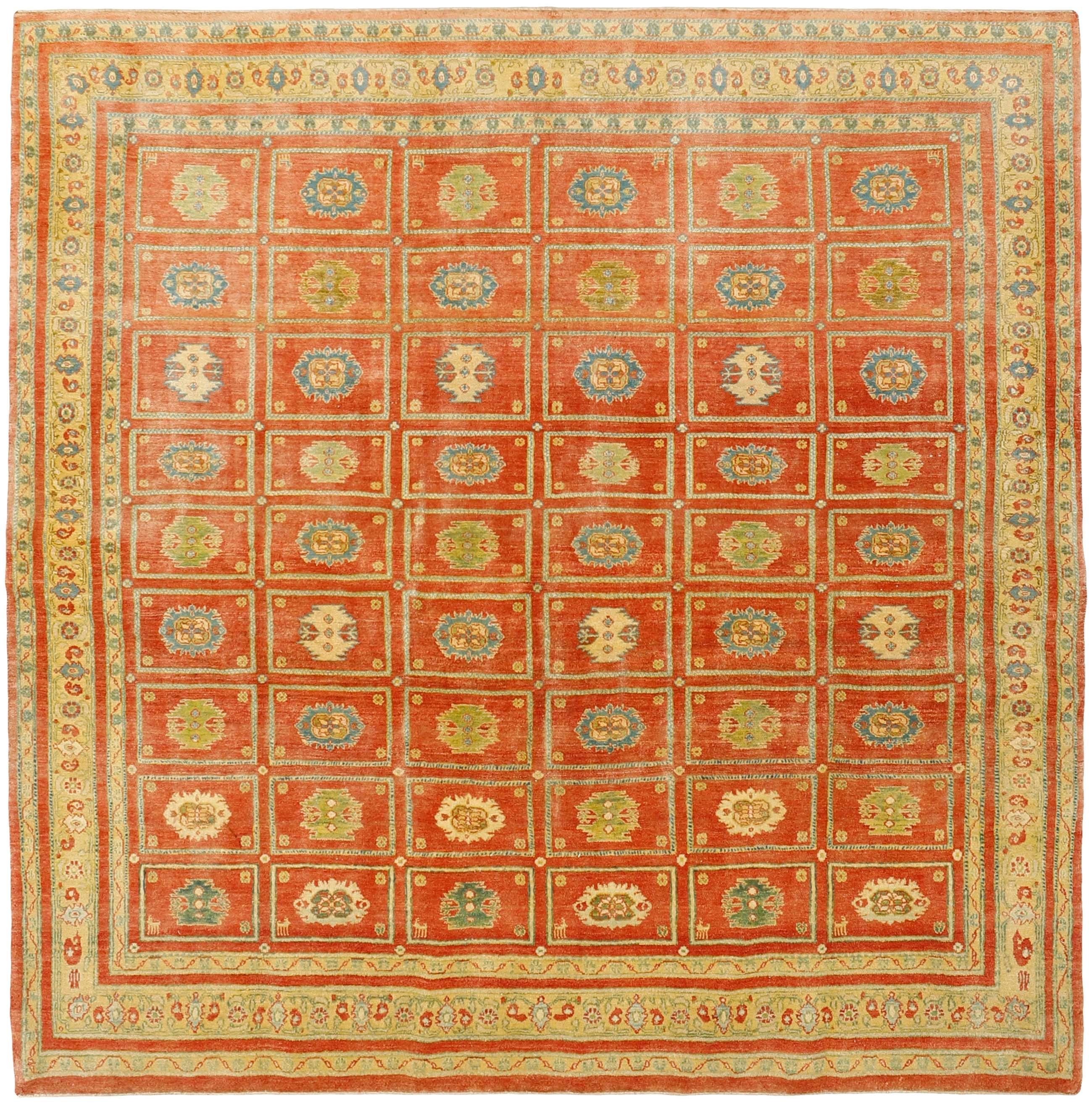 Orange square Persian rug with tribal geometric design
