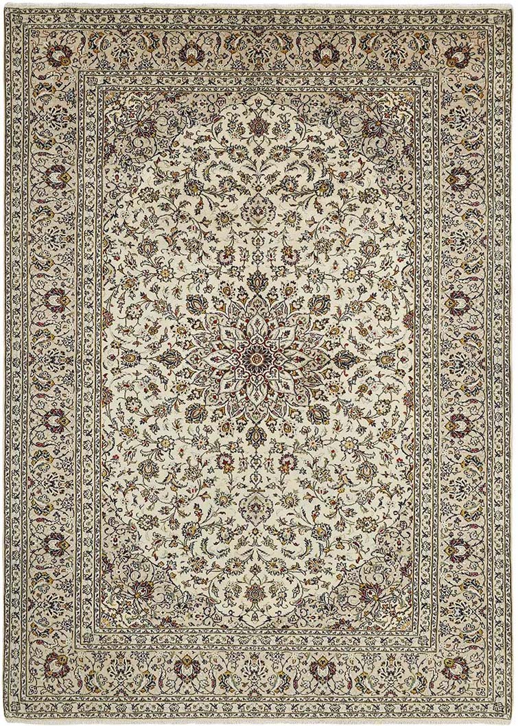 authentic persian rug with traditional floral design in cream and beige