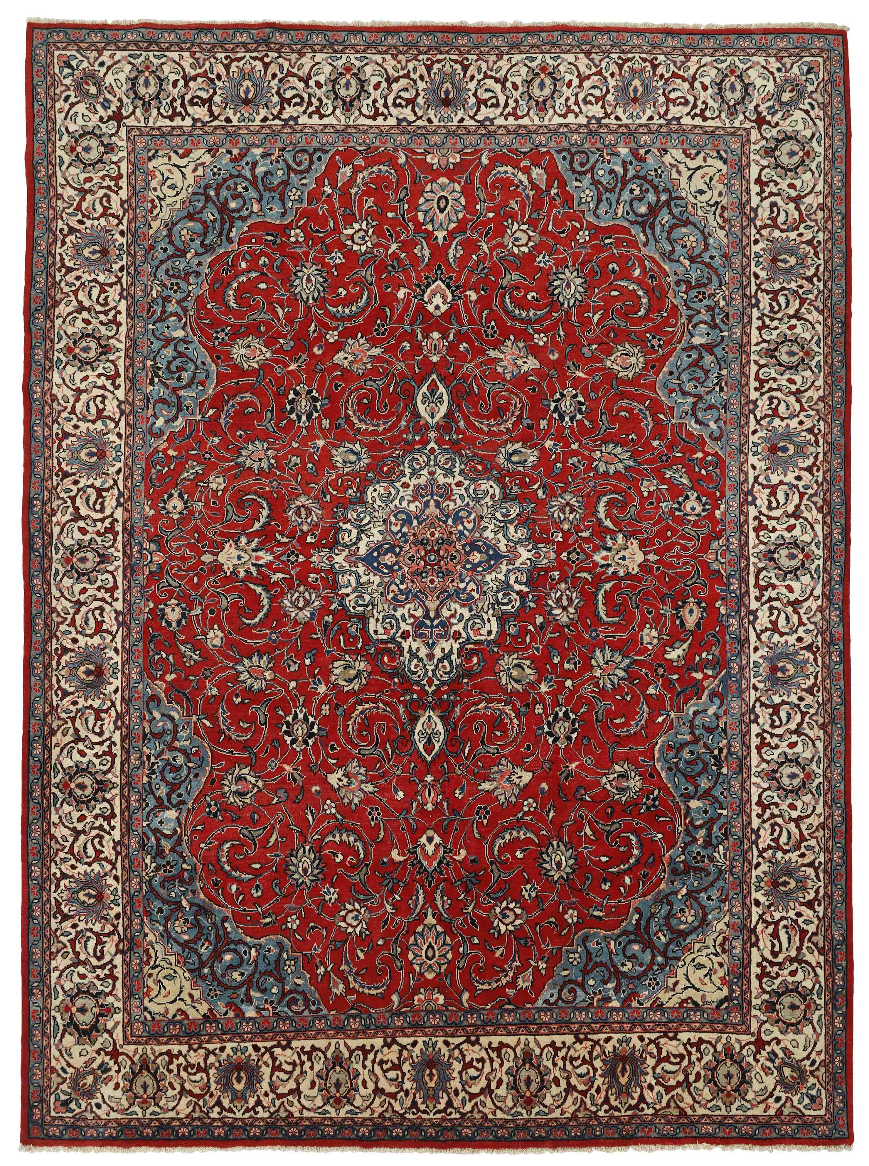 Large authentic persian rug with traditional floral pattern in red, black and cream