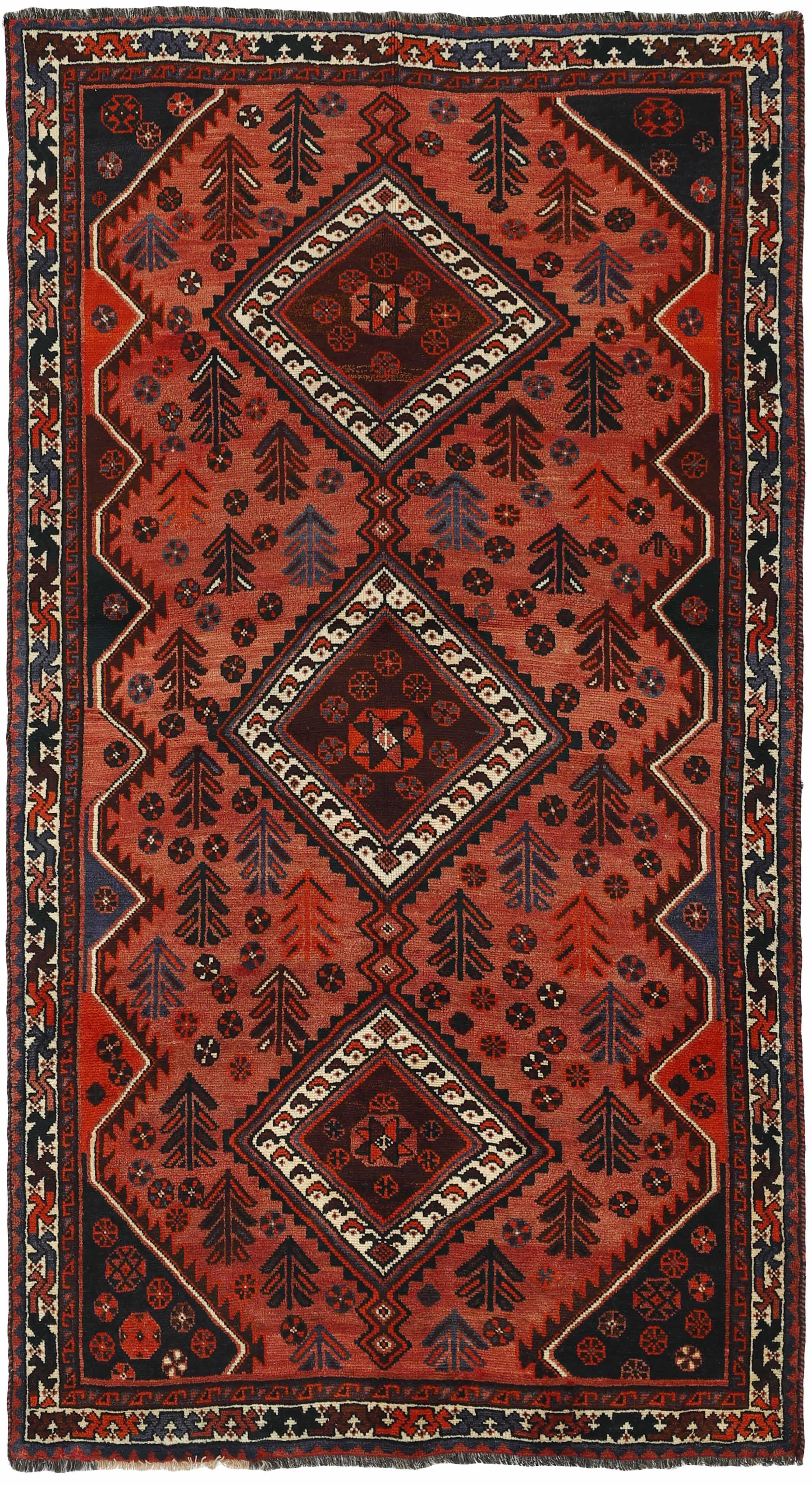 Authentic persian rug with a traditional tribal geometric pattern in red, beige and black