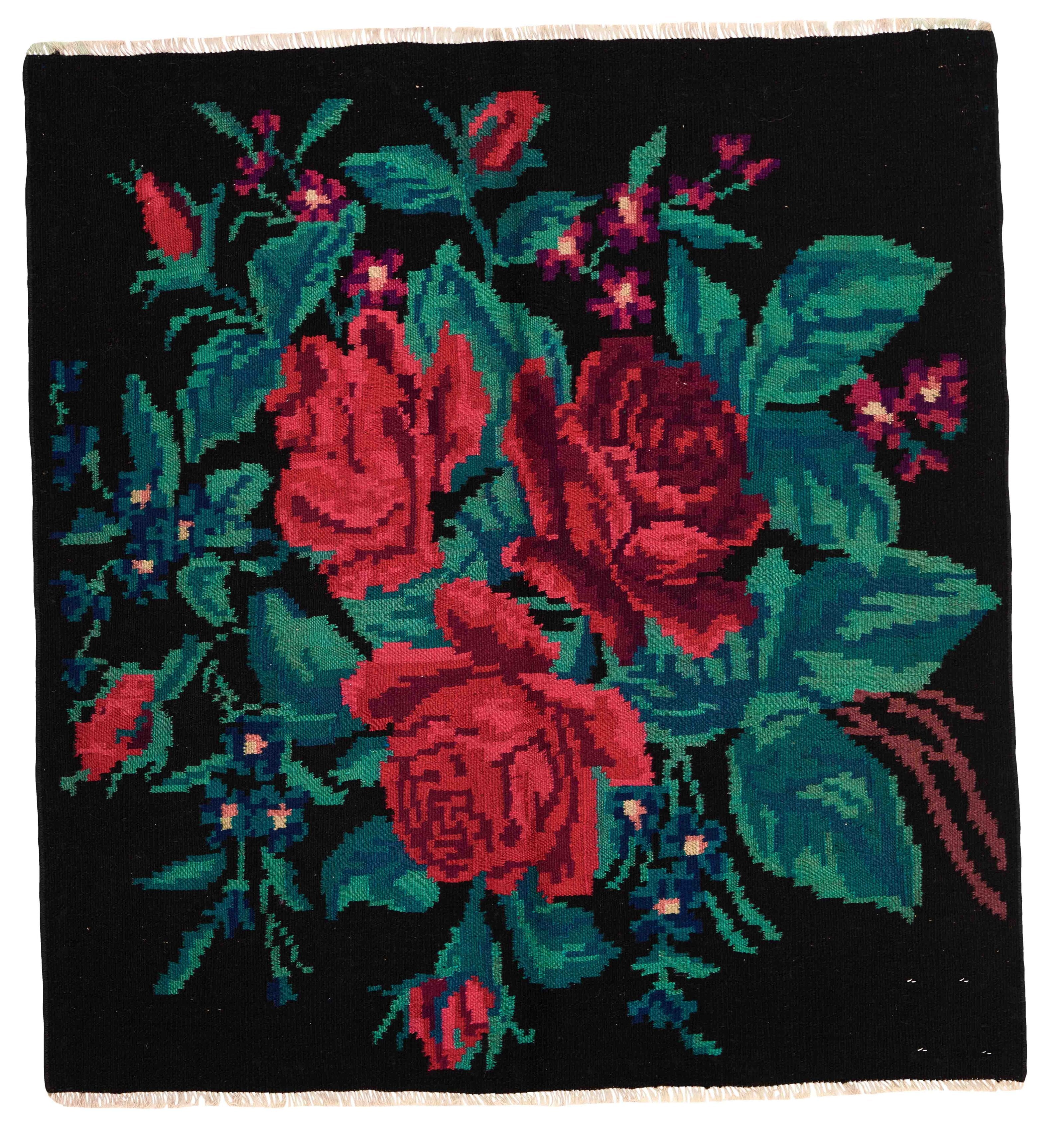 Luxury square rug with black backing and a rose pattern