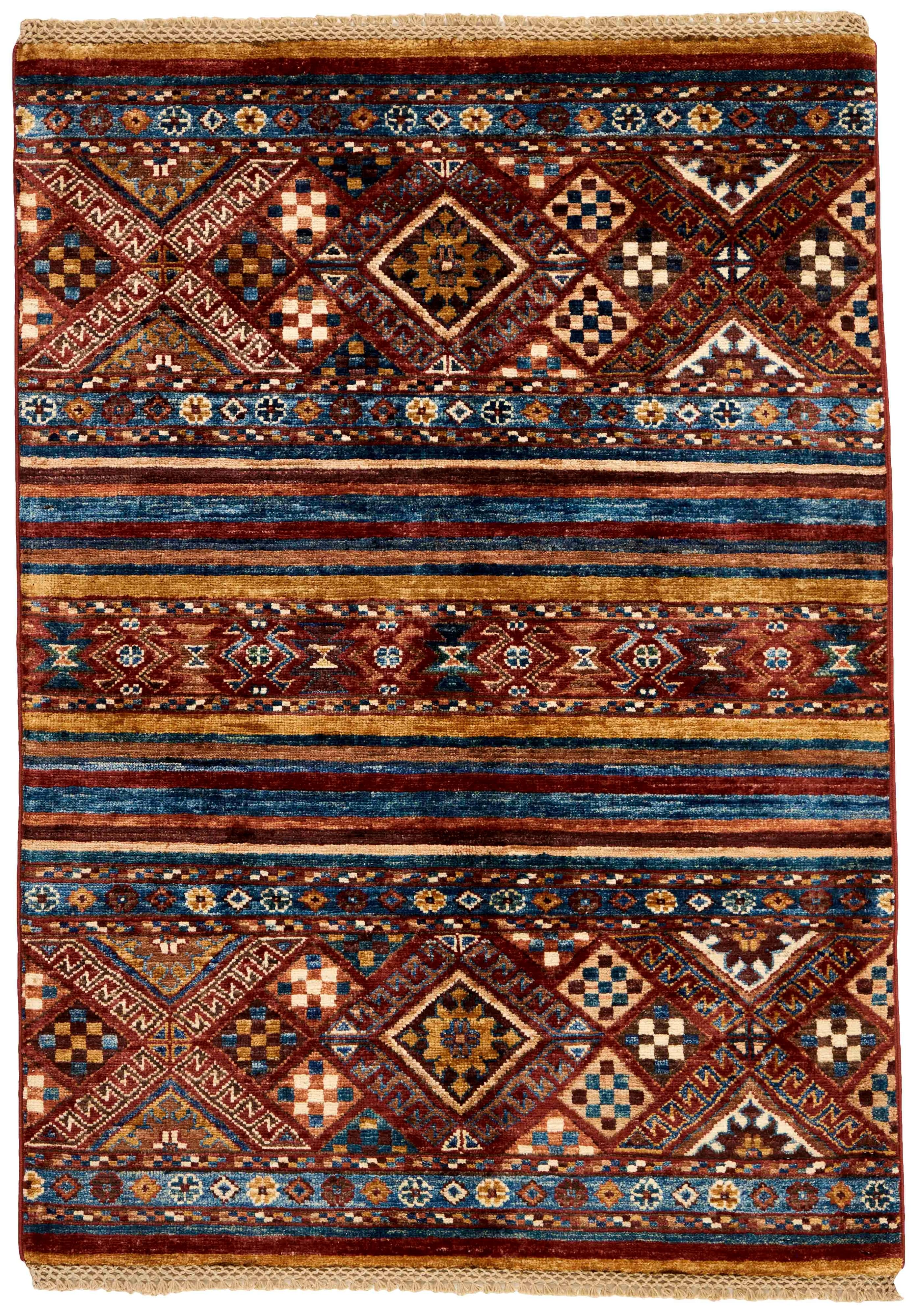 Authentic oriental rug with traditional tile pattern in red, yellow, blue, green, beige and brown