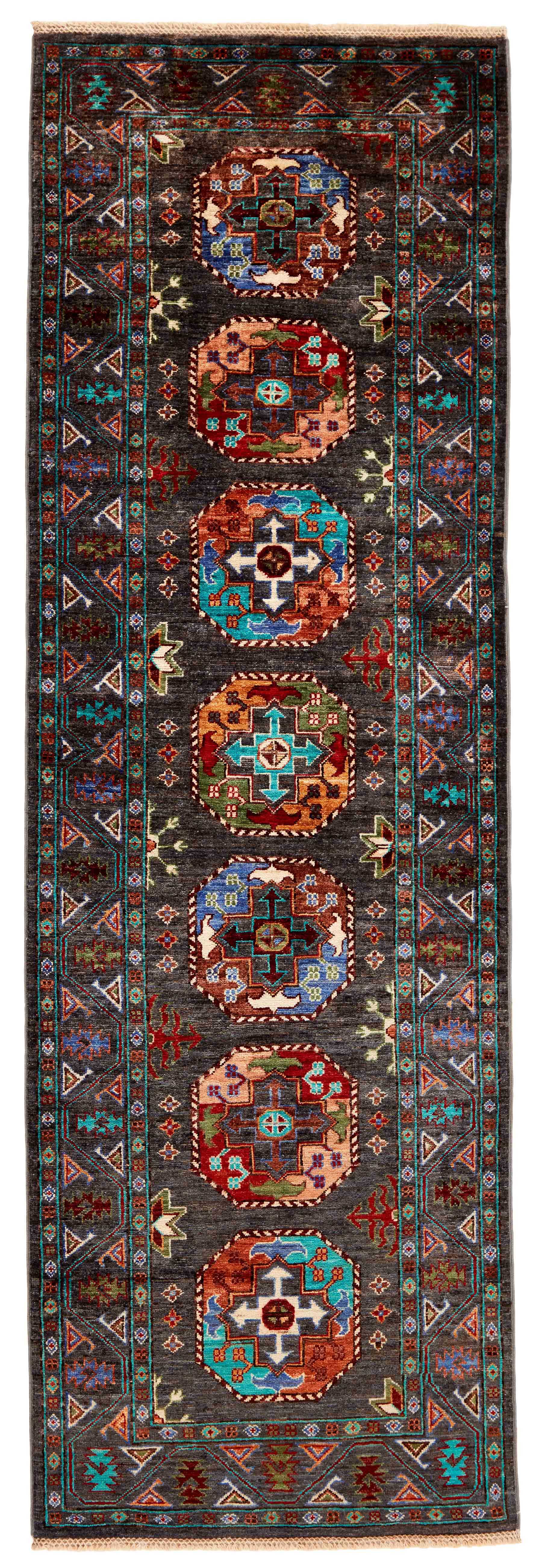 oriental runner with red, yellow, blue, green and beige floral pattern