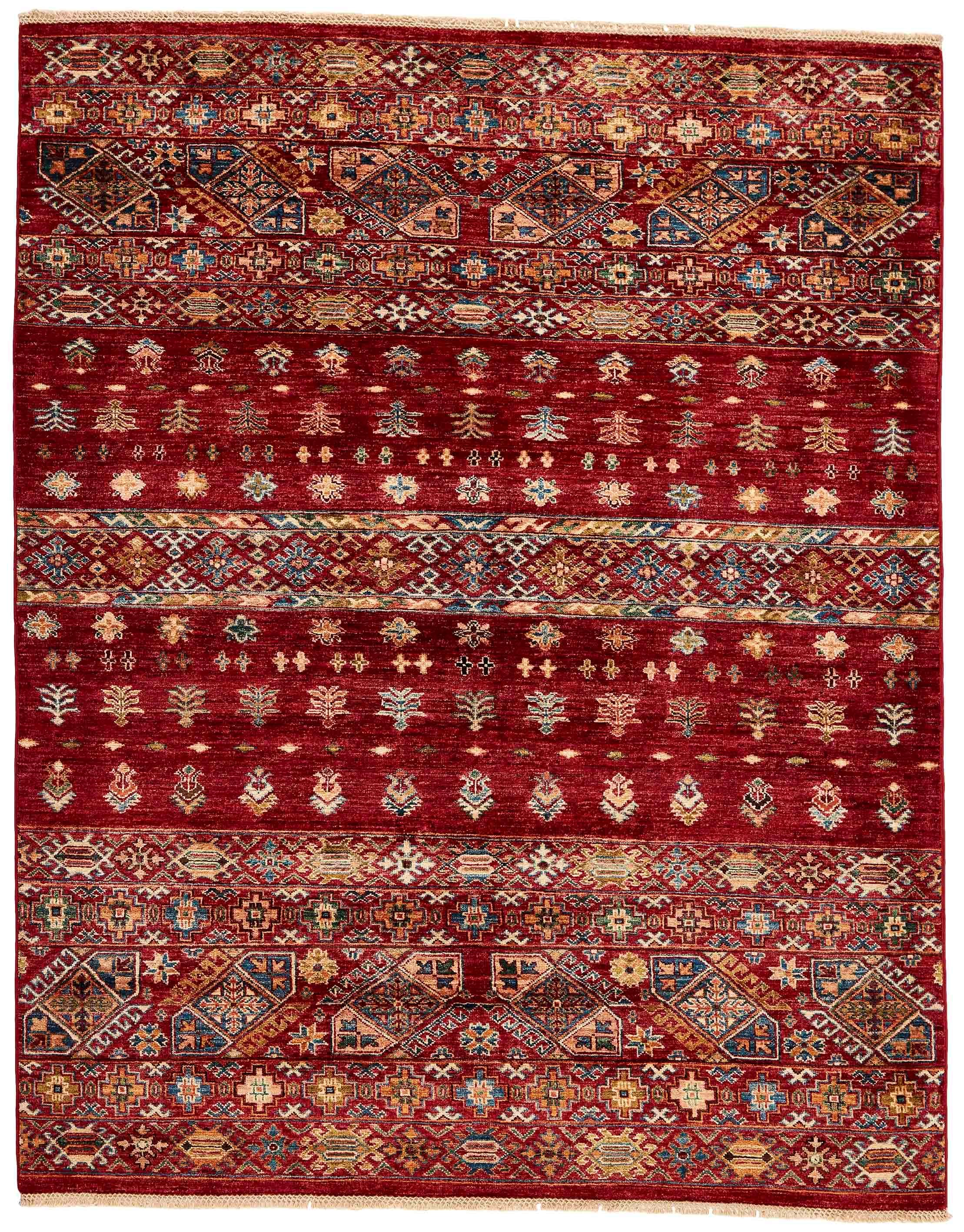 Authentic oriental rug with traditional tile pattern in red, yellow, blue, green, beige and brown