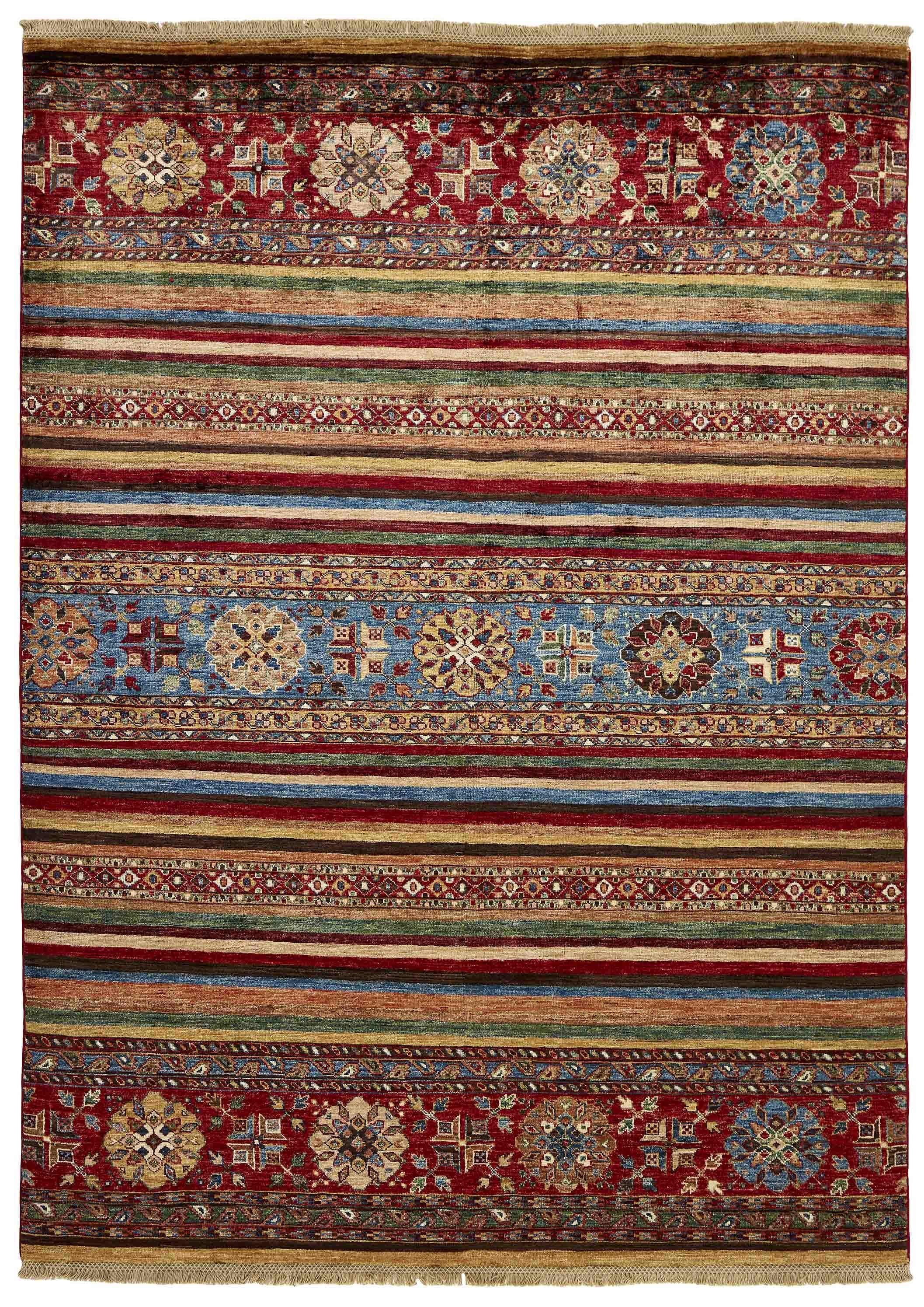 Authentic oriental rug with traditional tile pattern in red, pink, orange, yellow, blue, green, beige and brown