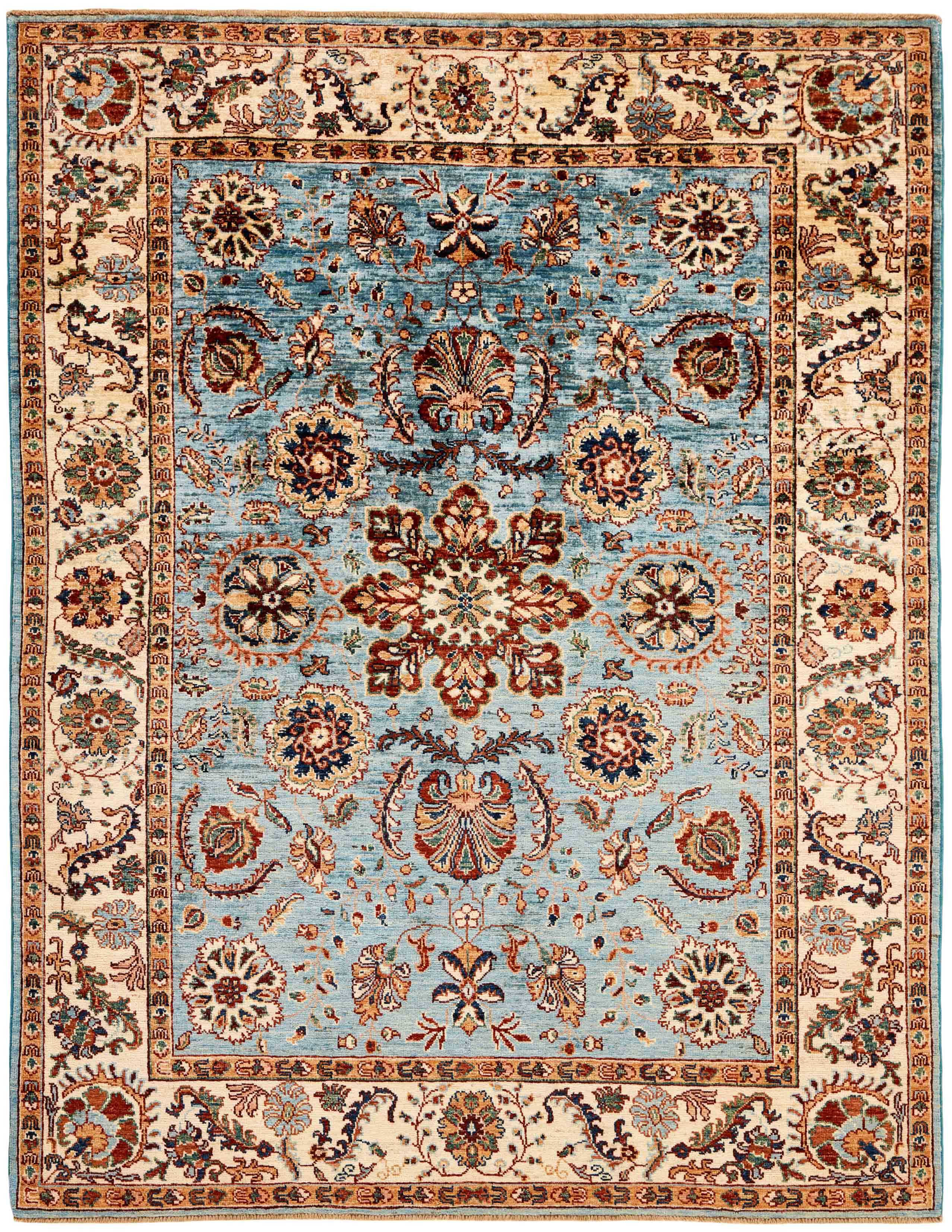 oriental rug with red, yellow, blue, green and beige floral pattern