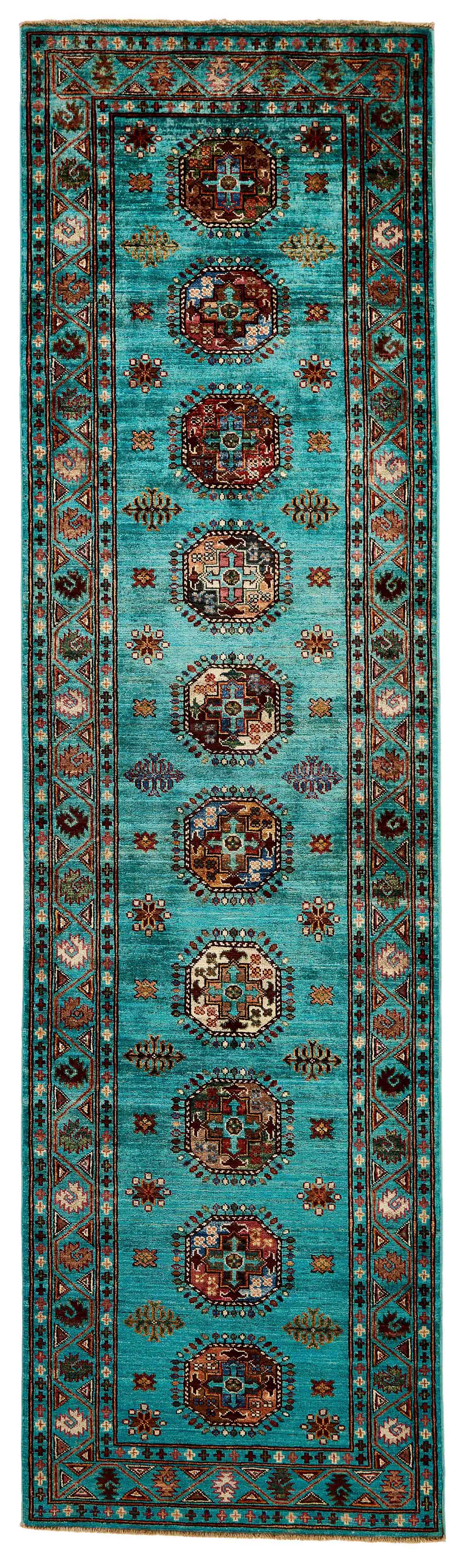 oriental runner with blue and beige floral pattern