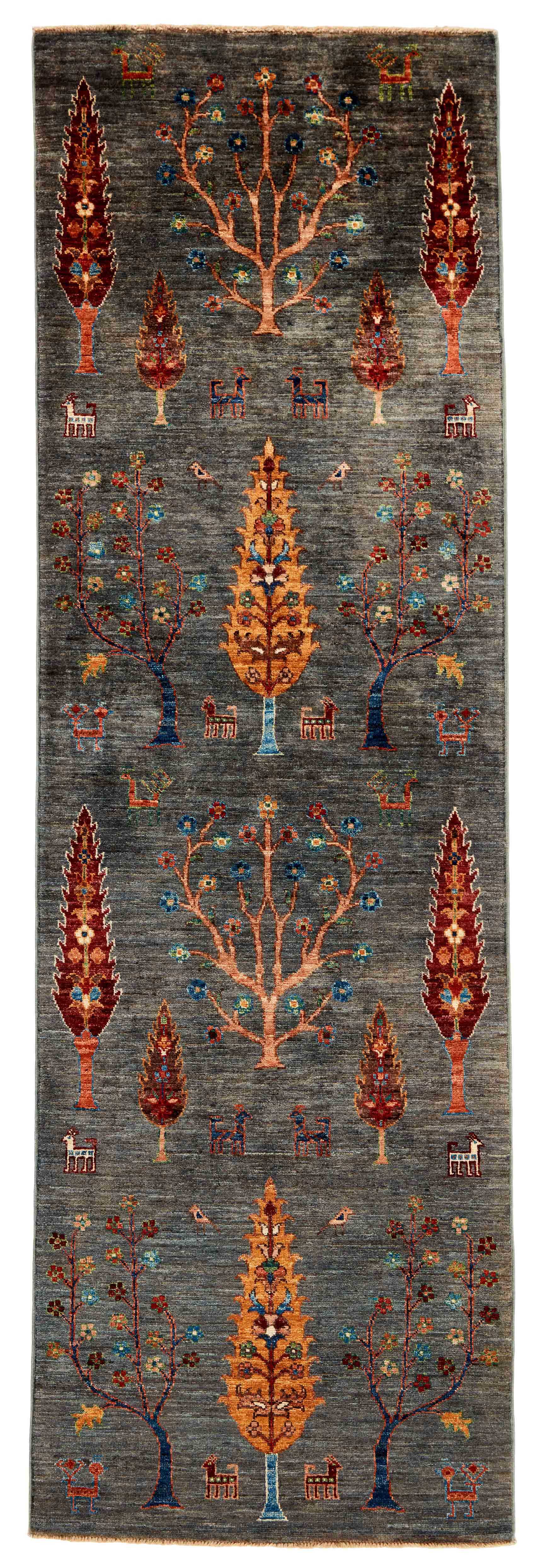 oriental runner with red, yellow, blue, green and beige floral pattern