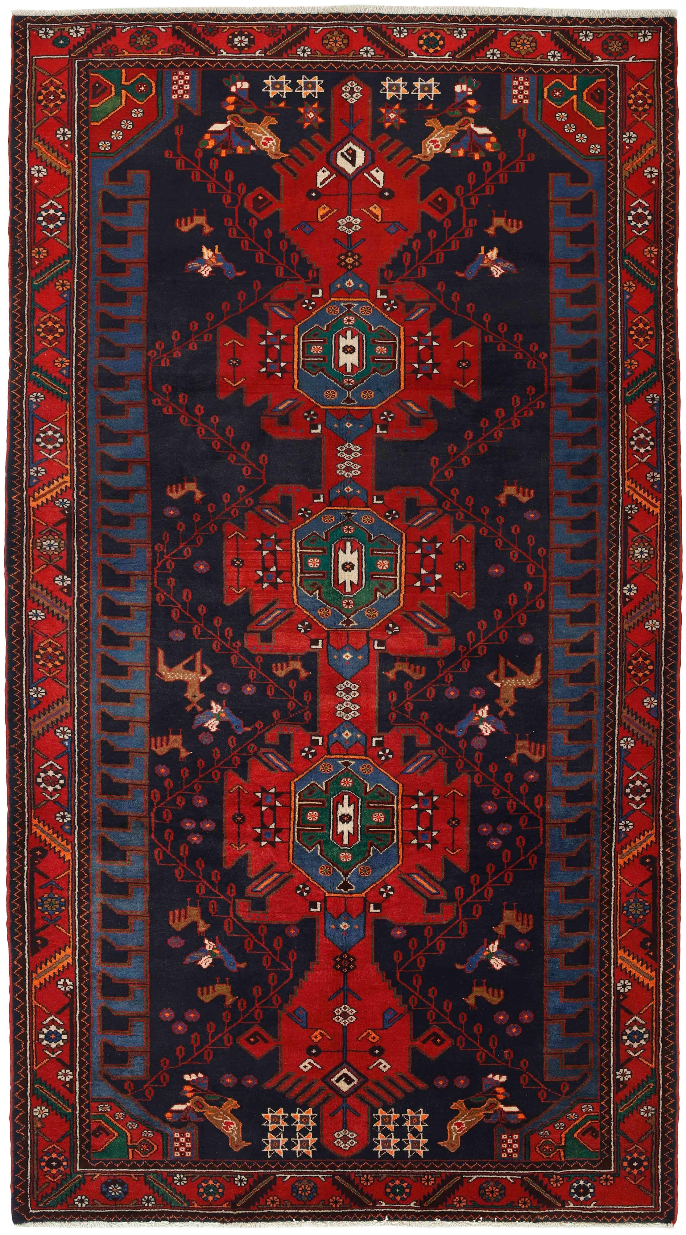 Authentic persian rug with tribal geometric design in red and black