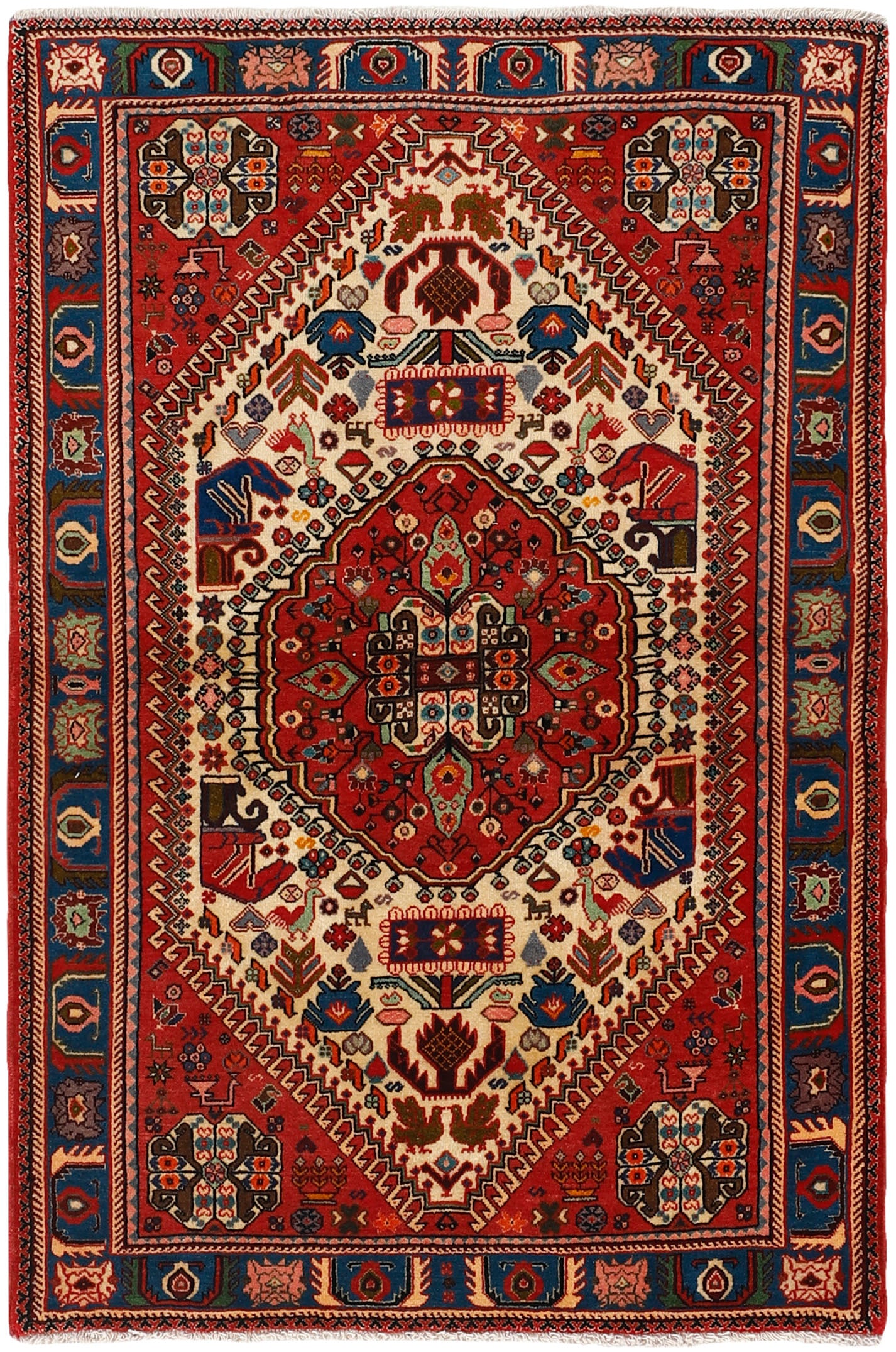 Authentic persian rug with traditional tribal geometric design in red and cream