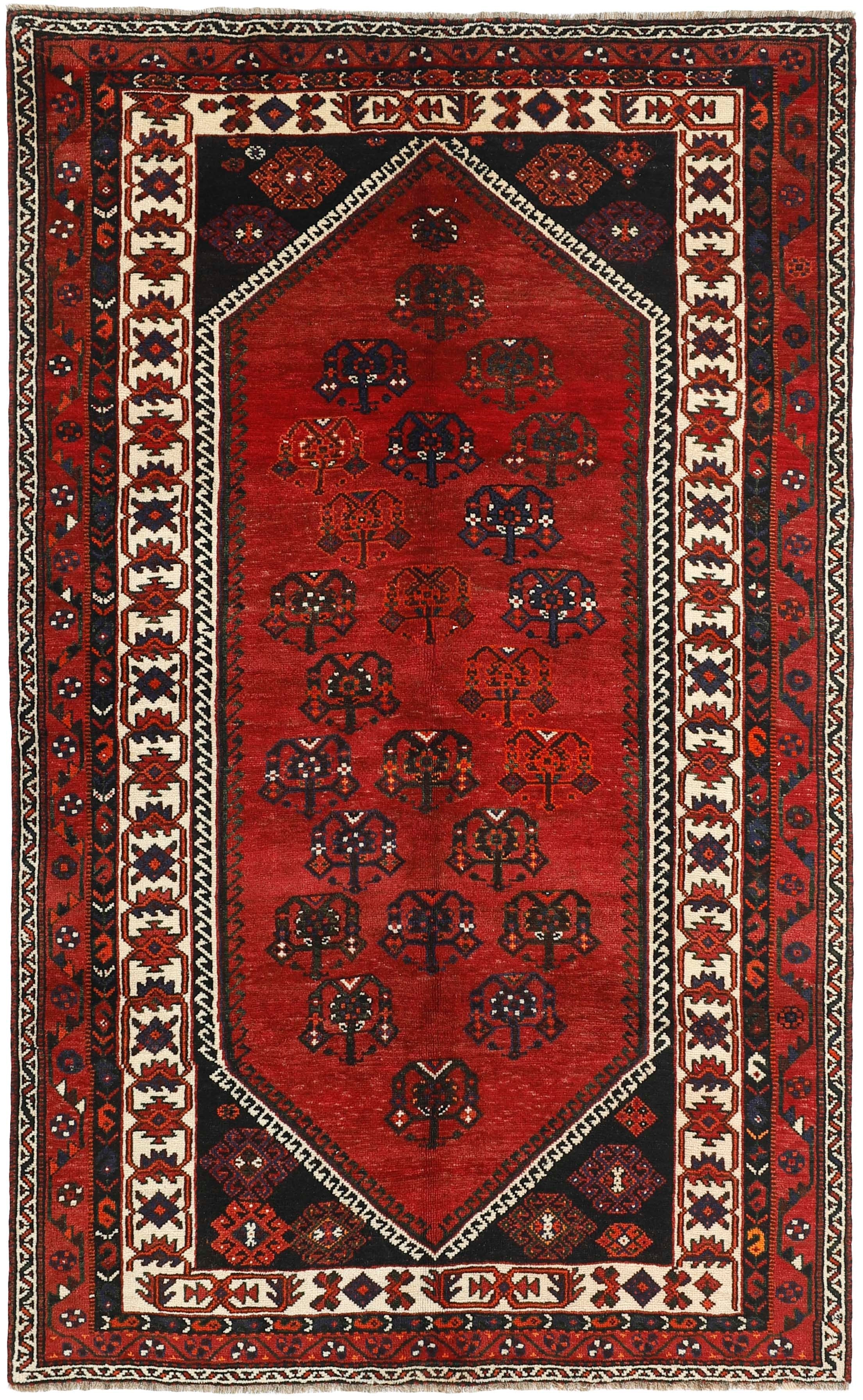 Authentic persian rug with a traditional tribal geometric pattern in red, black and ivory