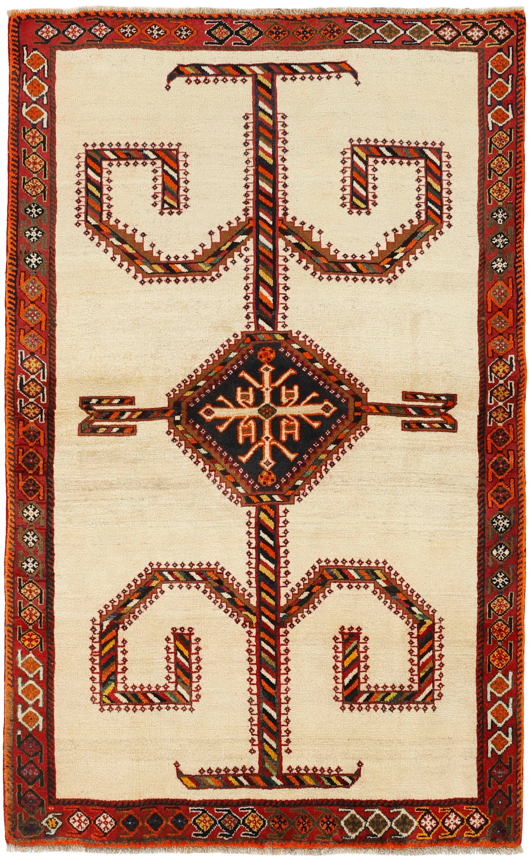 beige and black persian rug with geometric design
