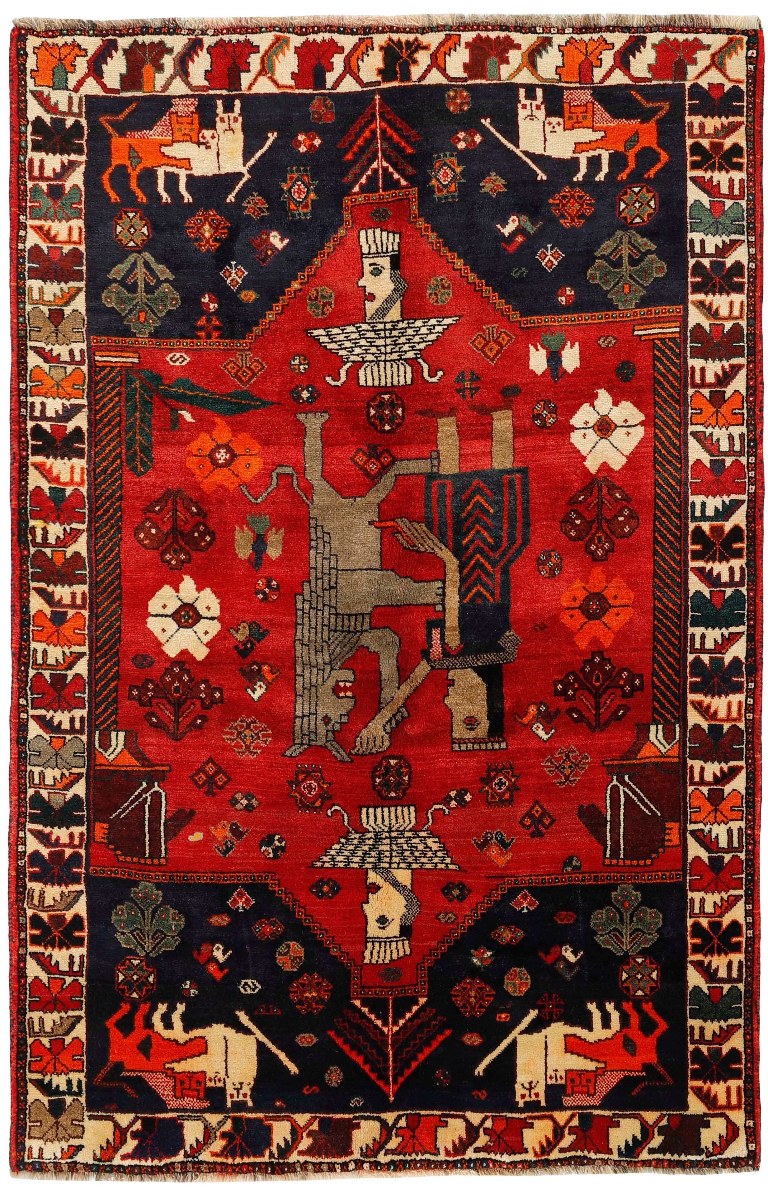 red persian rug with figural design