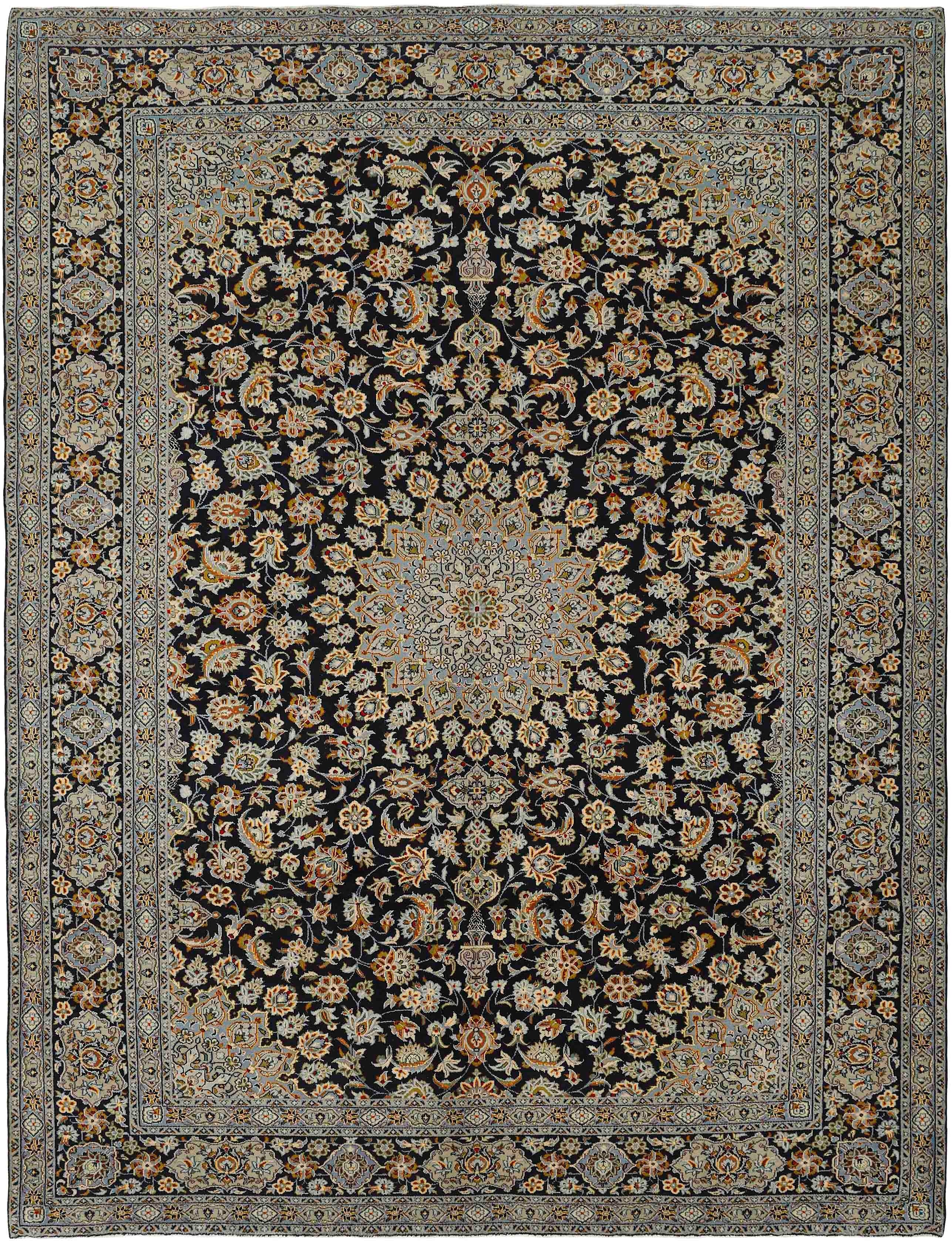 Authentic persian rug with traditional floral design in black, blue and beige