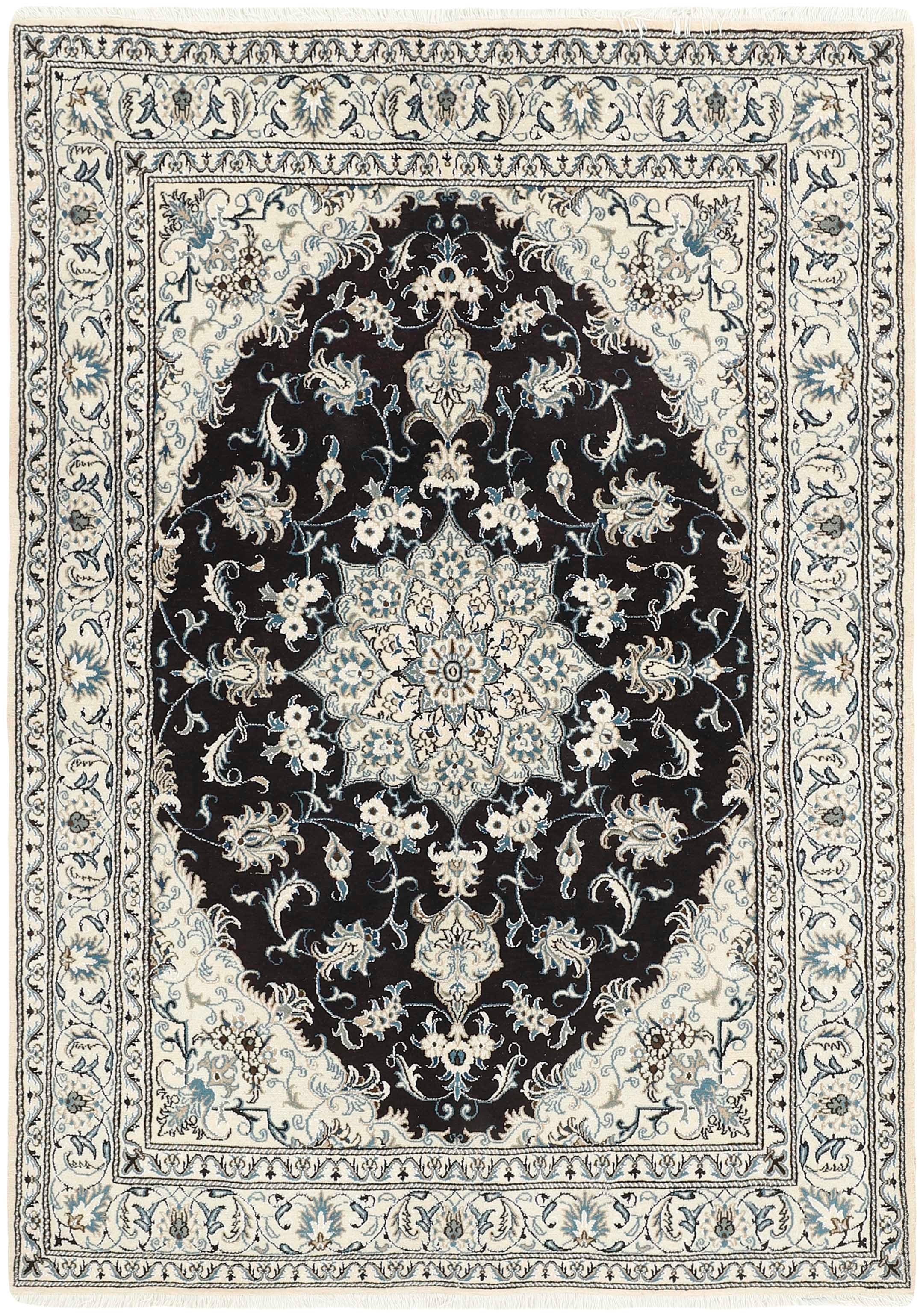 Authentic persian rug with a traditional floral design in beige and black