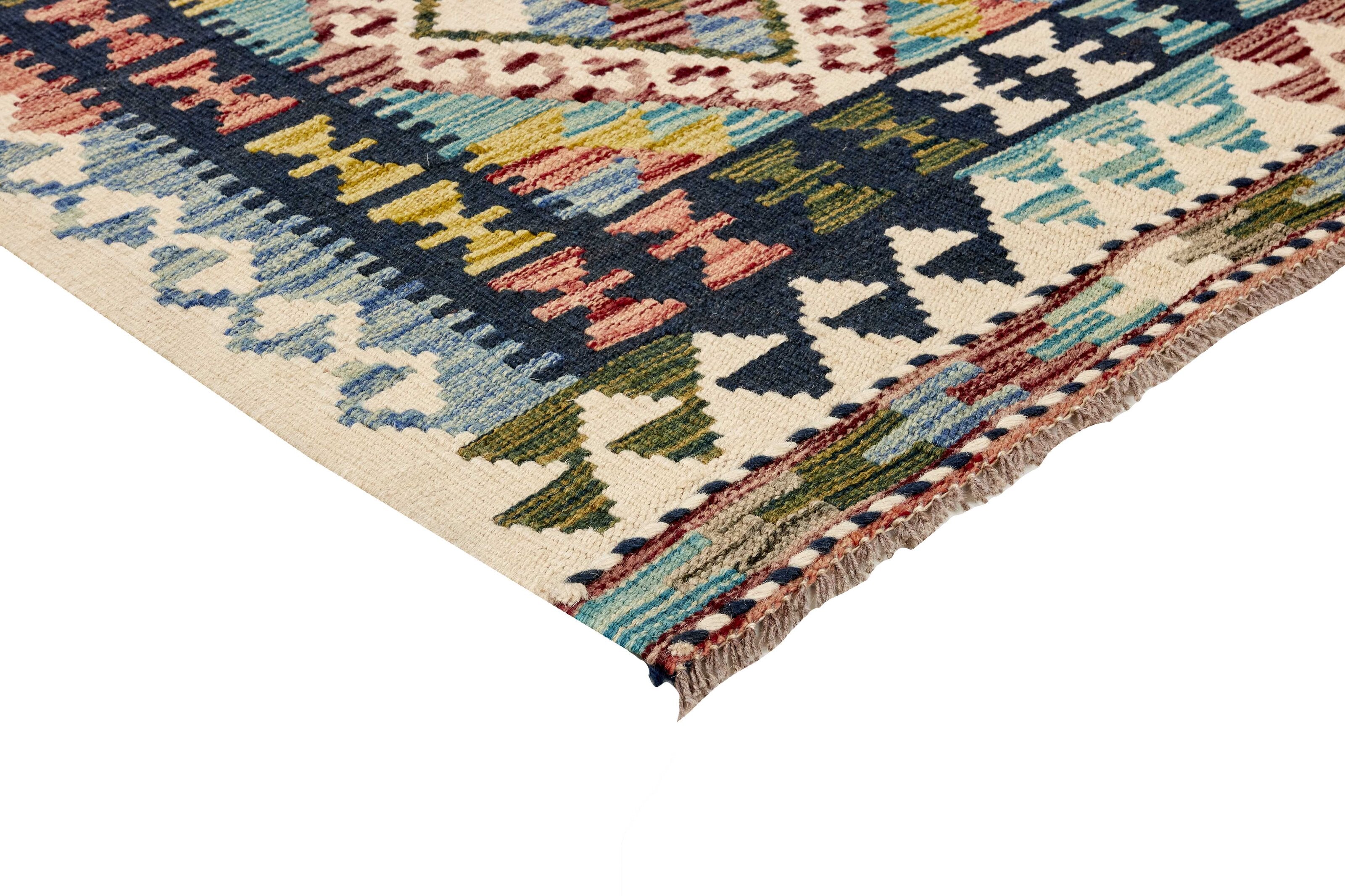 Authentic Afghan Kelim flatweave rug with traditional multicolour pattern.

