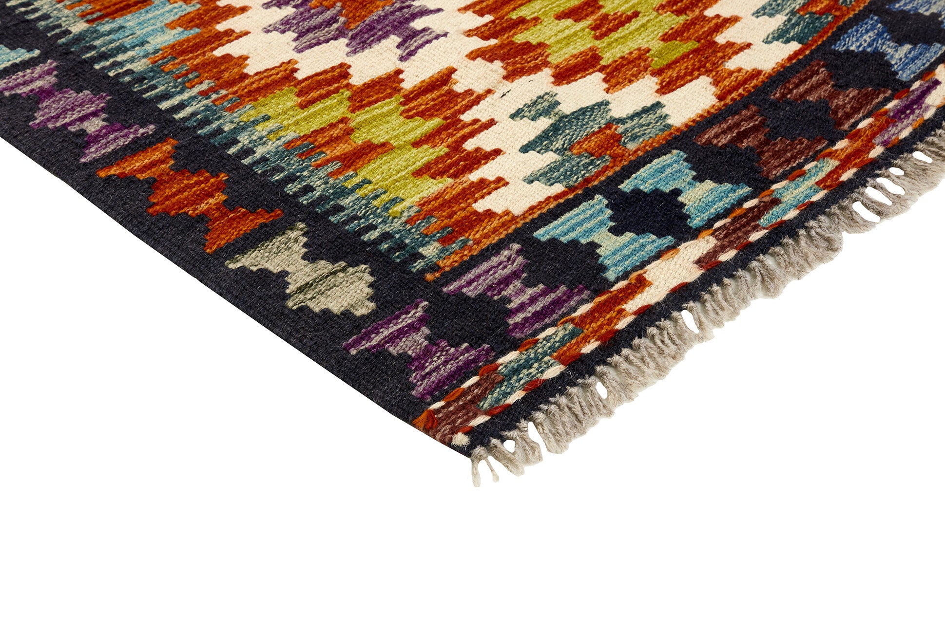 Authentic Afghan Kelim flatweave rug with traditional multicolour pattern.

