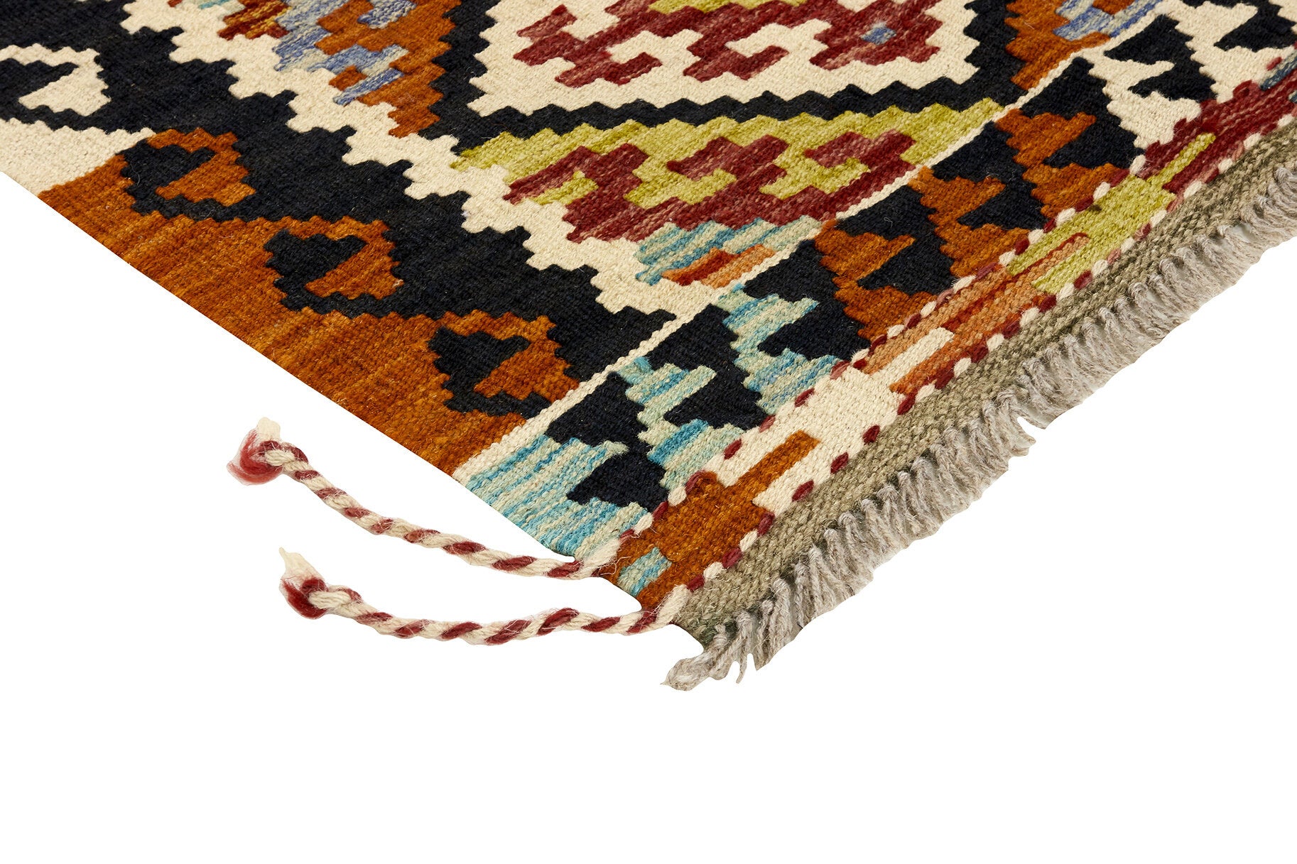 Authentic Afghan Kelim flatweave rug with traditional multicolour pattern.

