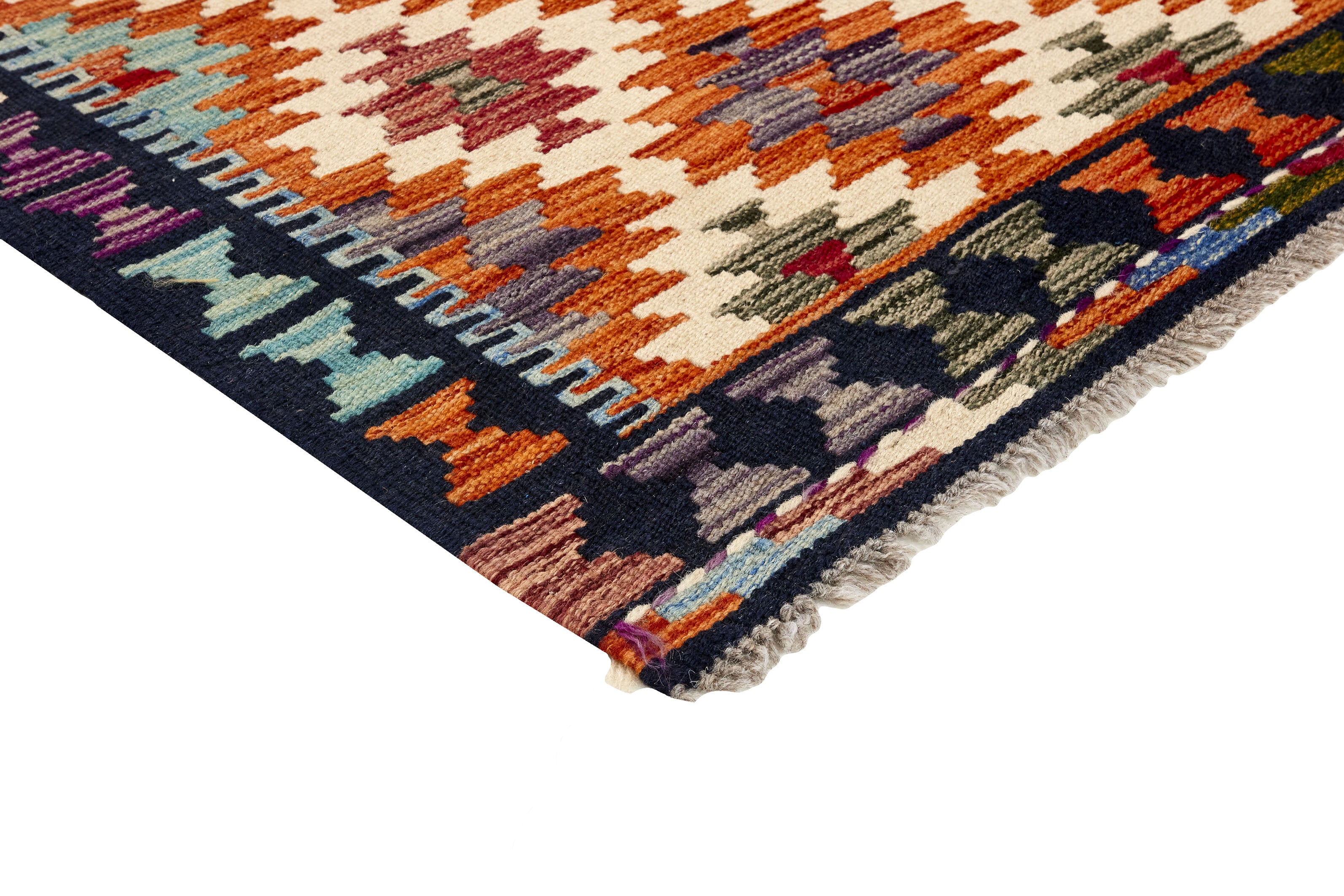 Authentic Afghan Kelim flatweave rug with traditional multicolour pattern.

