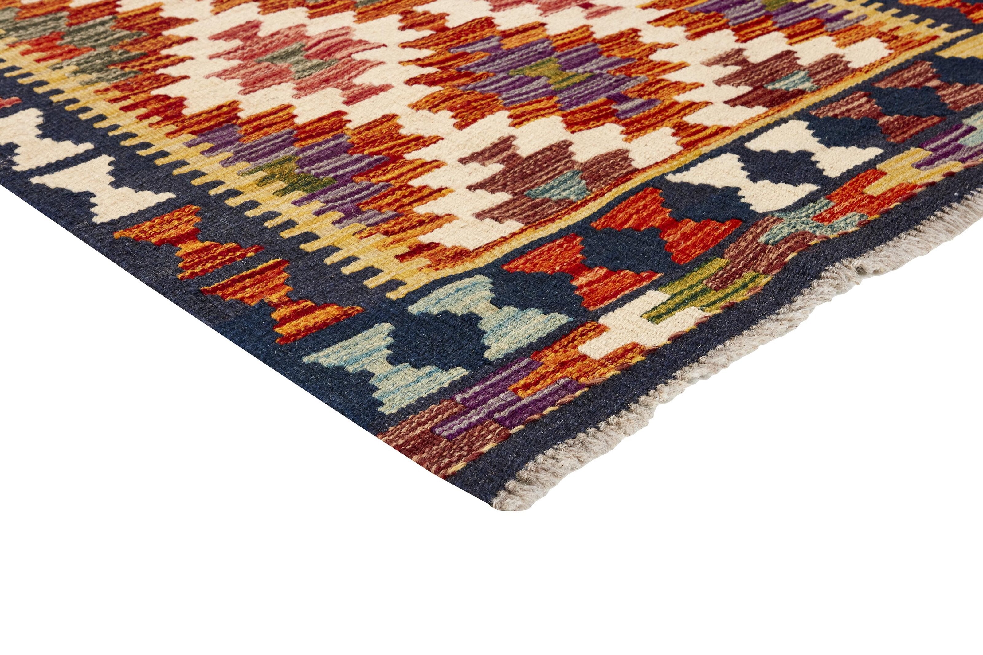 Authentic Afghan Kelim flatweave rug with traditional multicolour pattern.

