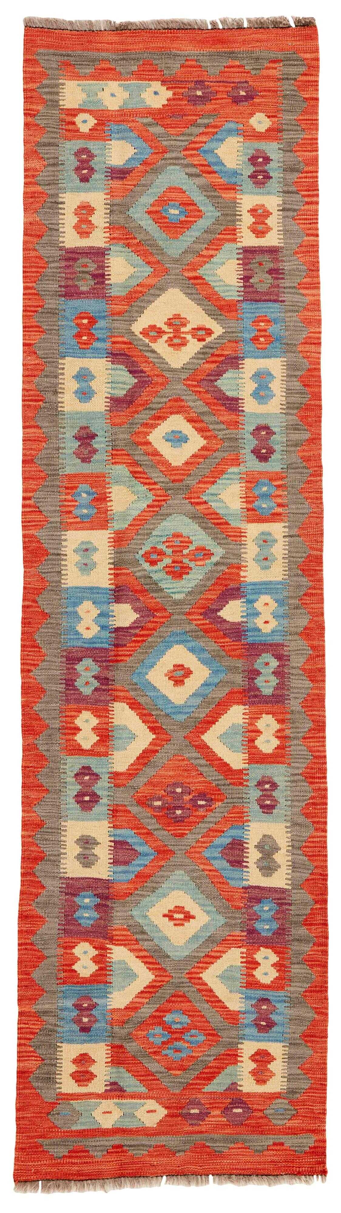 Authentic oriental runner with traditional multicolour geometric pattern in blue, yellow, orange and red