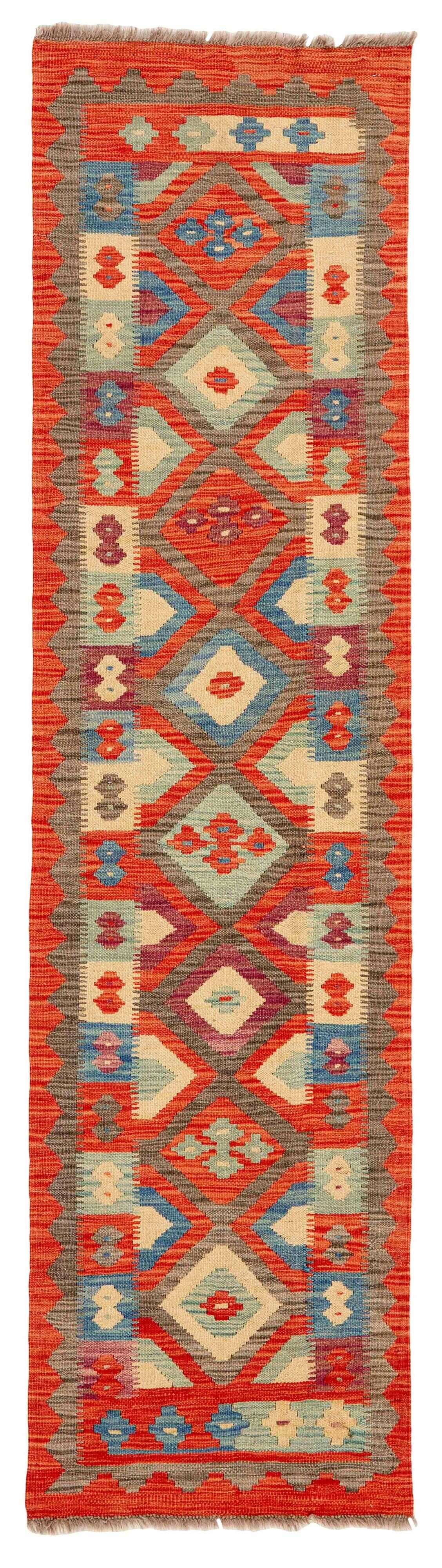 Authentic oriental runner with traditional multicolour geometric pattern in blue, yellow, orange and red