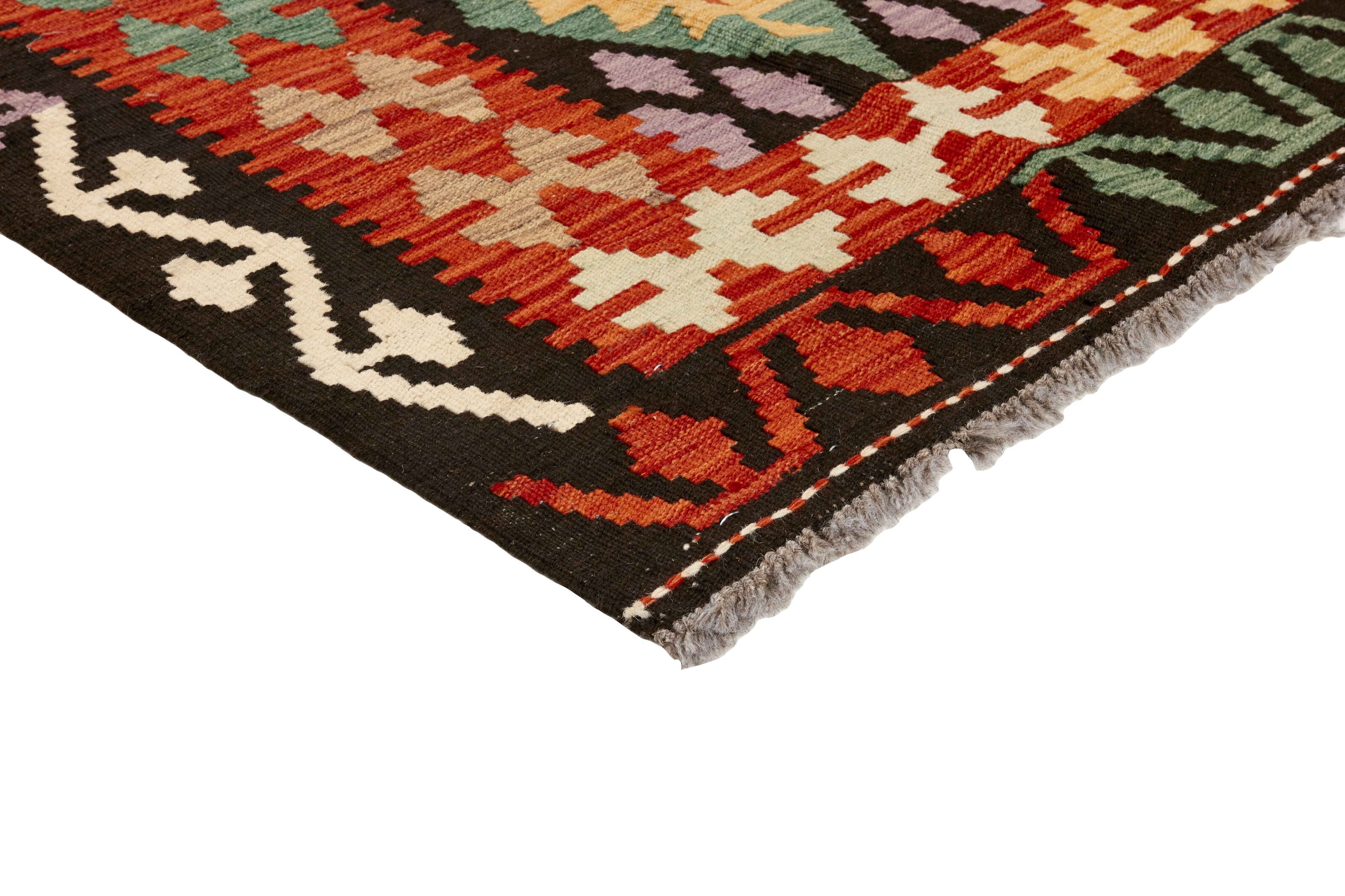 Authentic Afghan Kelim flatweave rug with traditional multicolour pattern.

