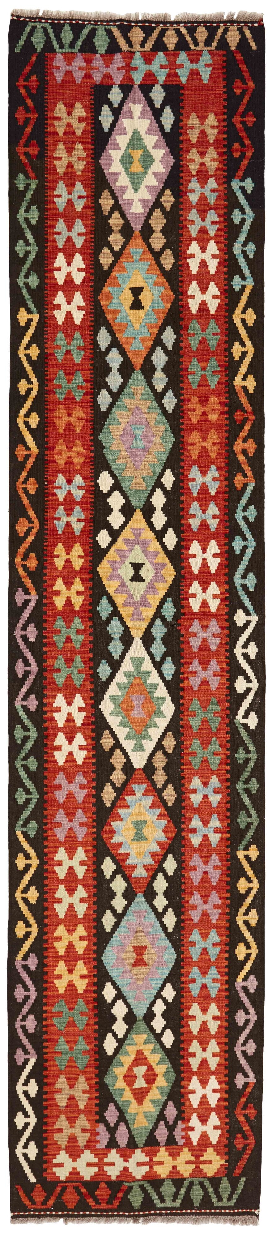 Authentic Afghan Kelim flatweave rug with traditional multicolour pattern.

