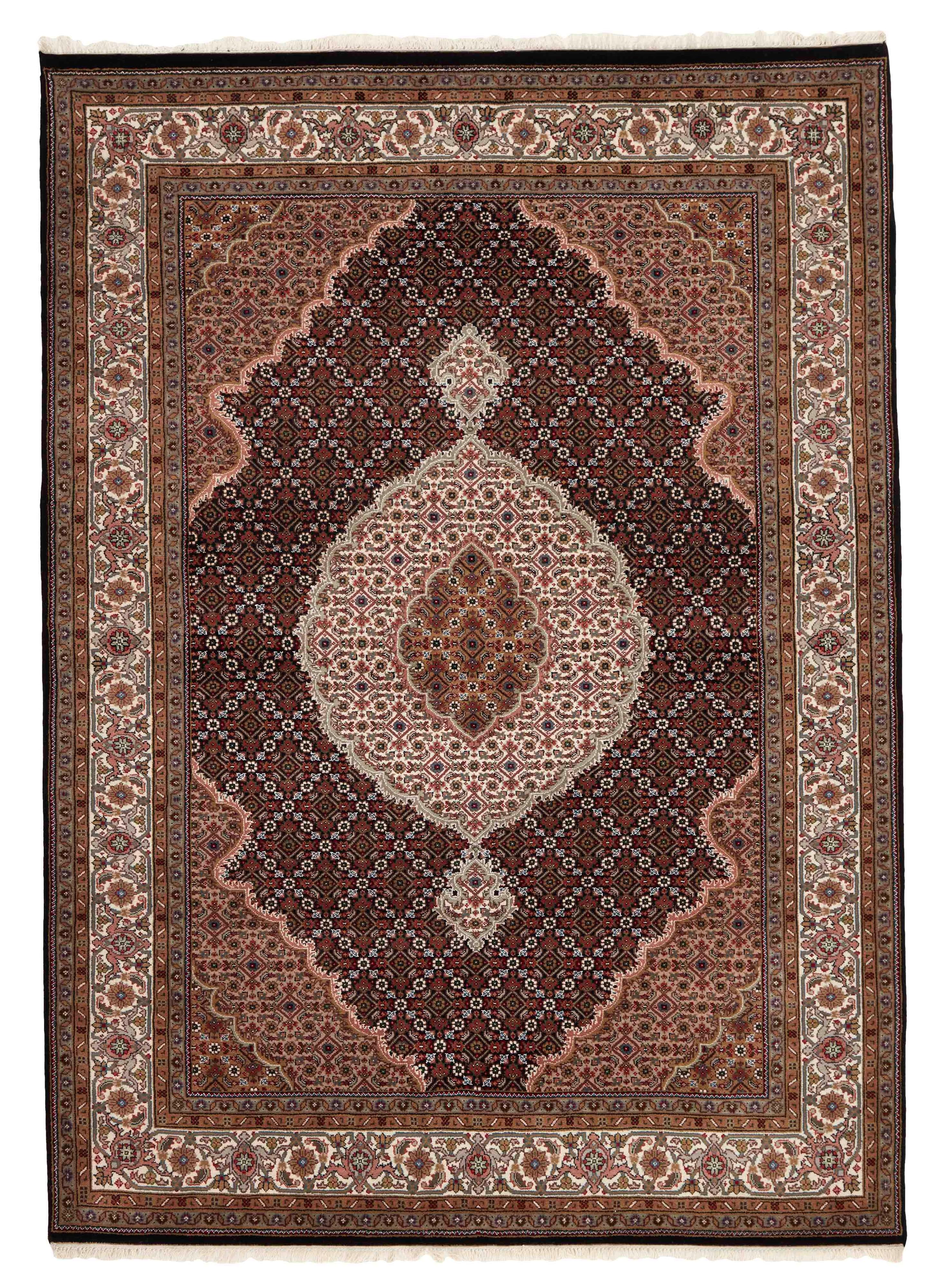 Authentic Oriental rug with traditional geometric and floral design in red, beige, brown and black