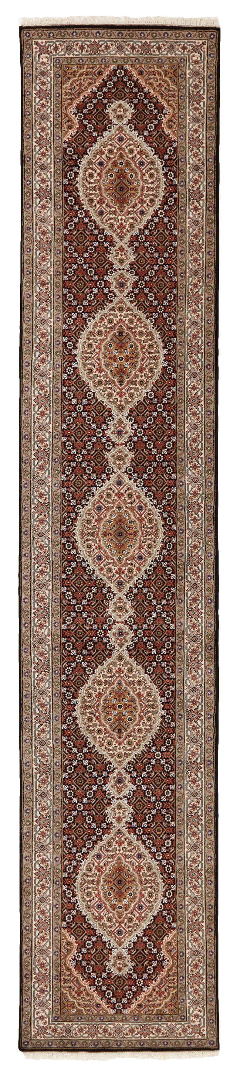 Authentic Oriental runner with traditional geometric and floral design in red, beige, brown and black