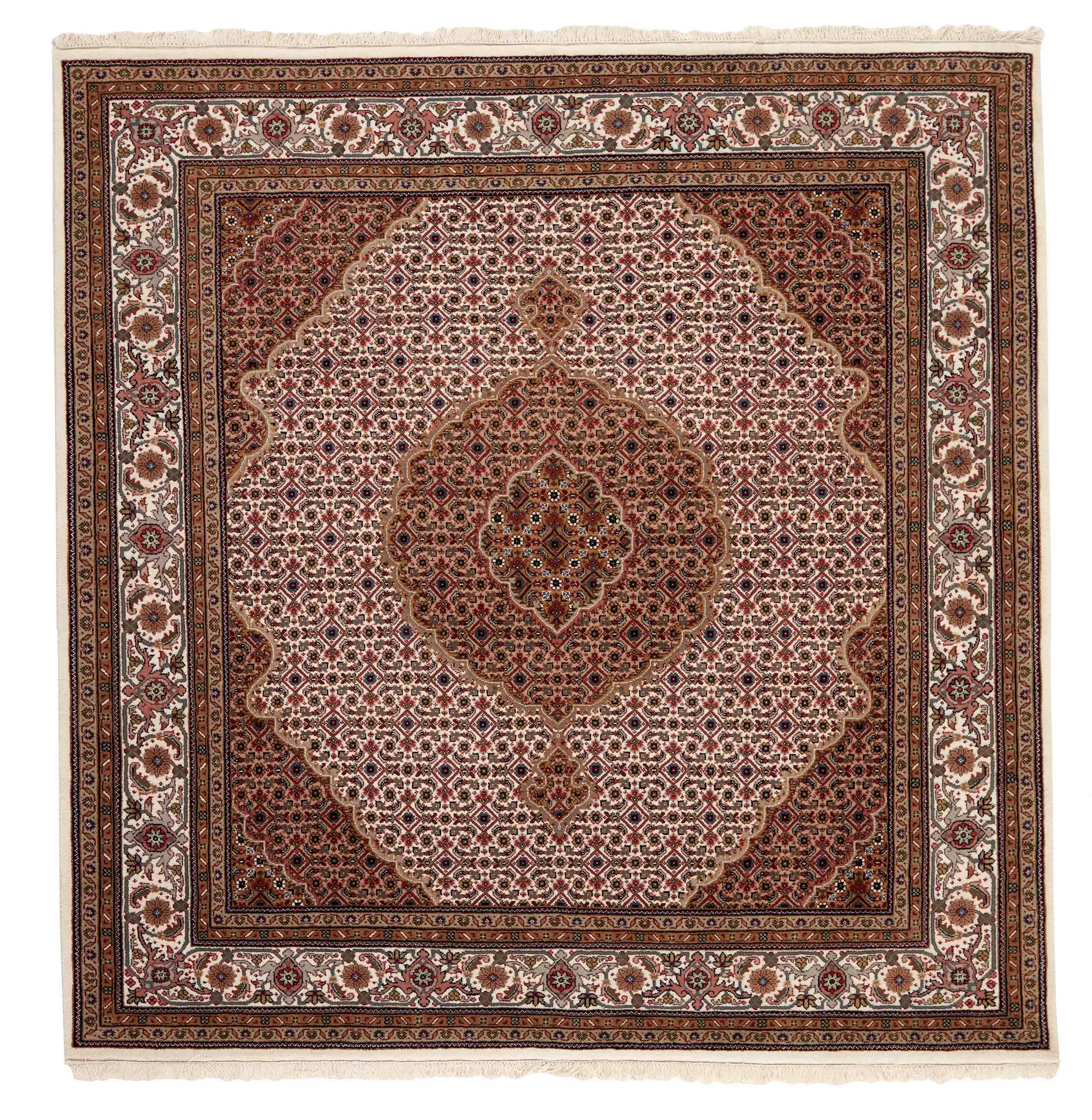 authentic oriental rug with traditional geometric and floral design in red, beige, brown and black