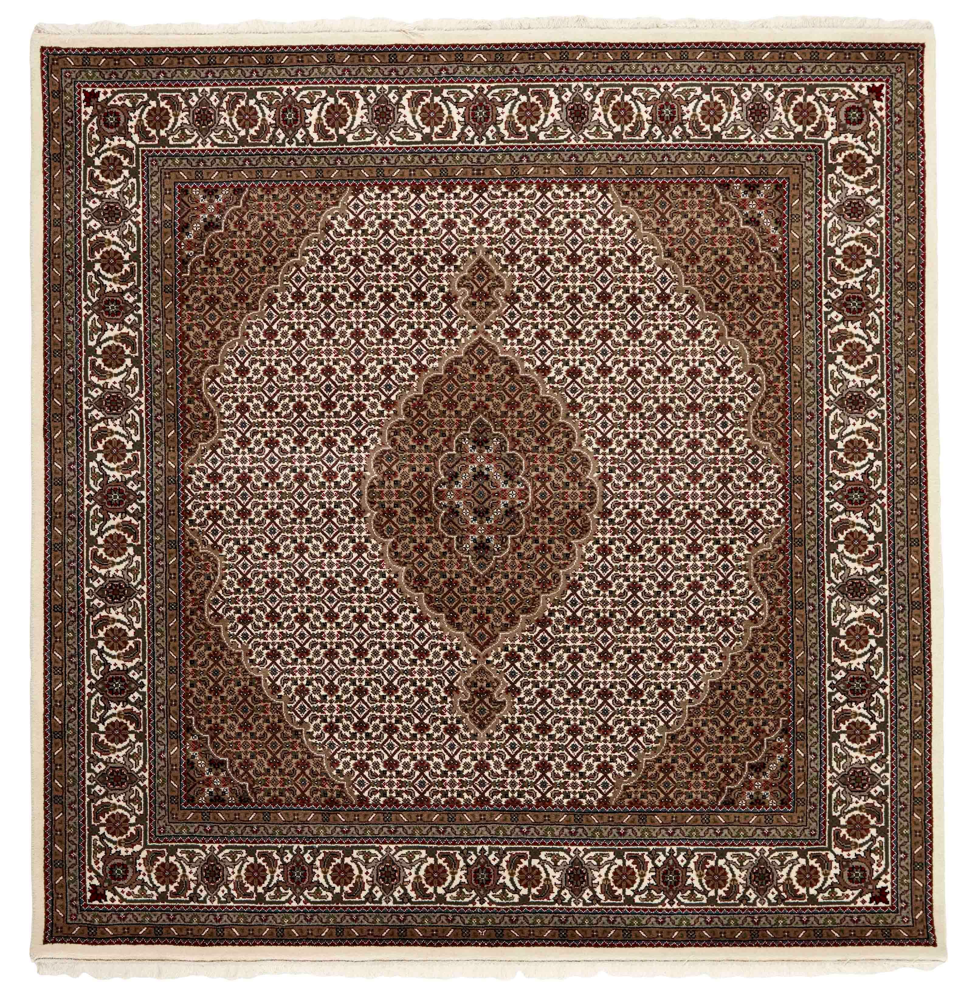 authentic oriental rug with traditional geometric and floral design in beige and red