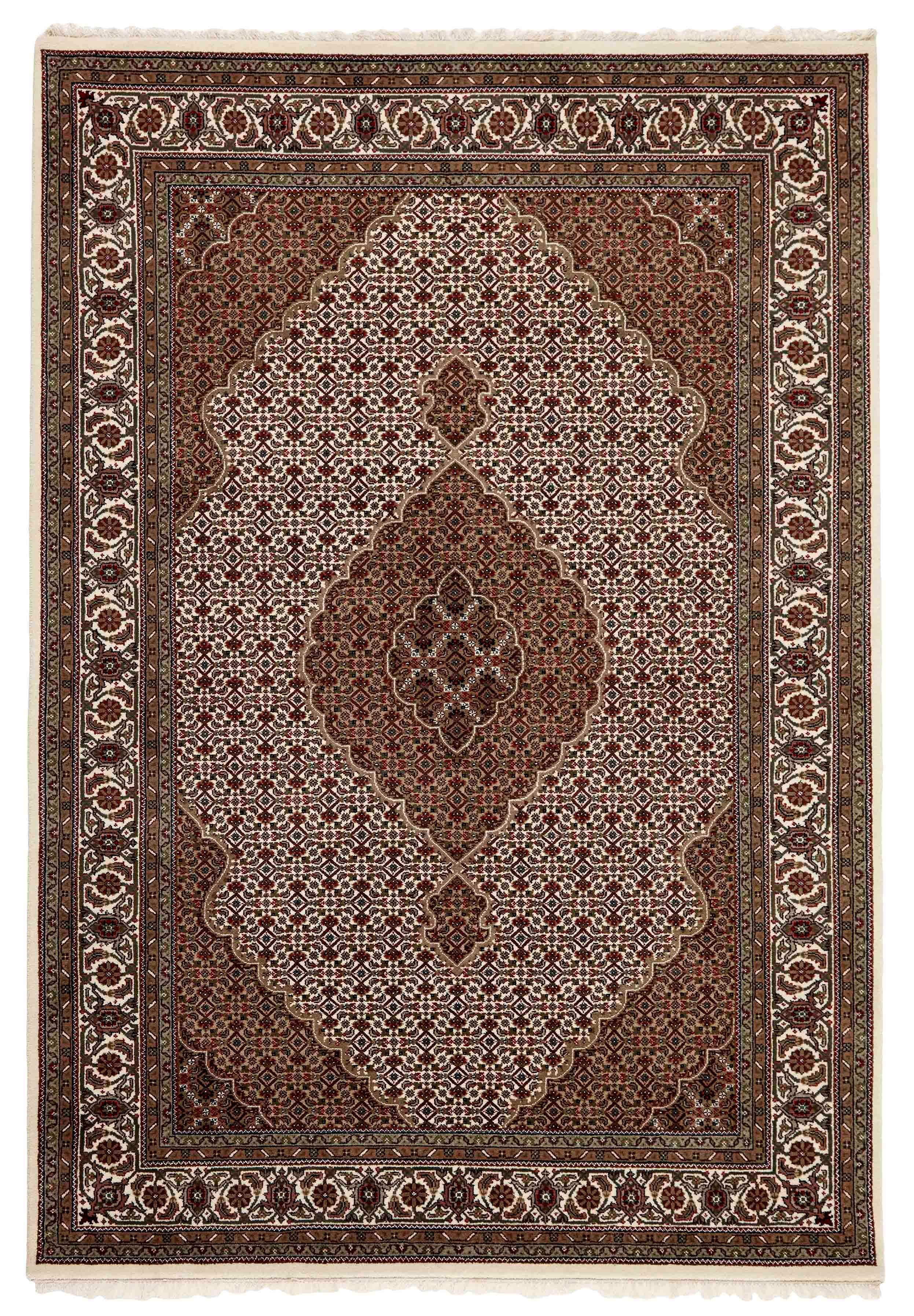 Authentic Oriental rug with traditional geometric and floral design in beige, blue, green and black