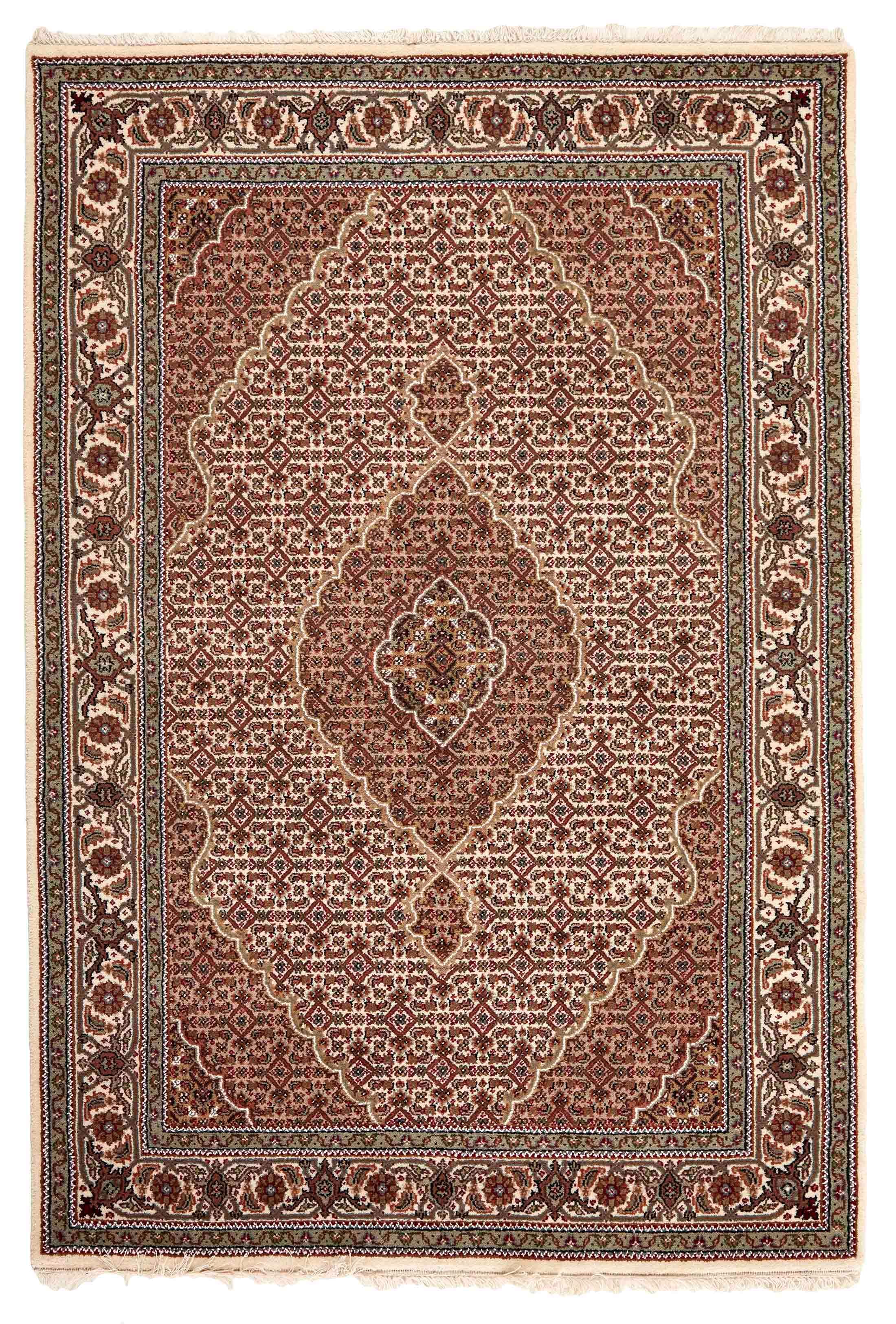 Authentic Oriental rug with traditional geometric and floral design in beige, blue, green and black