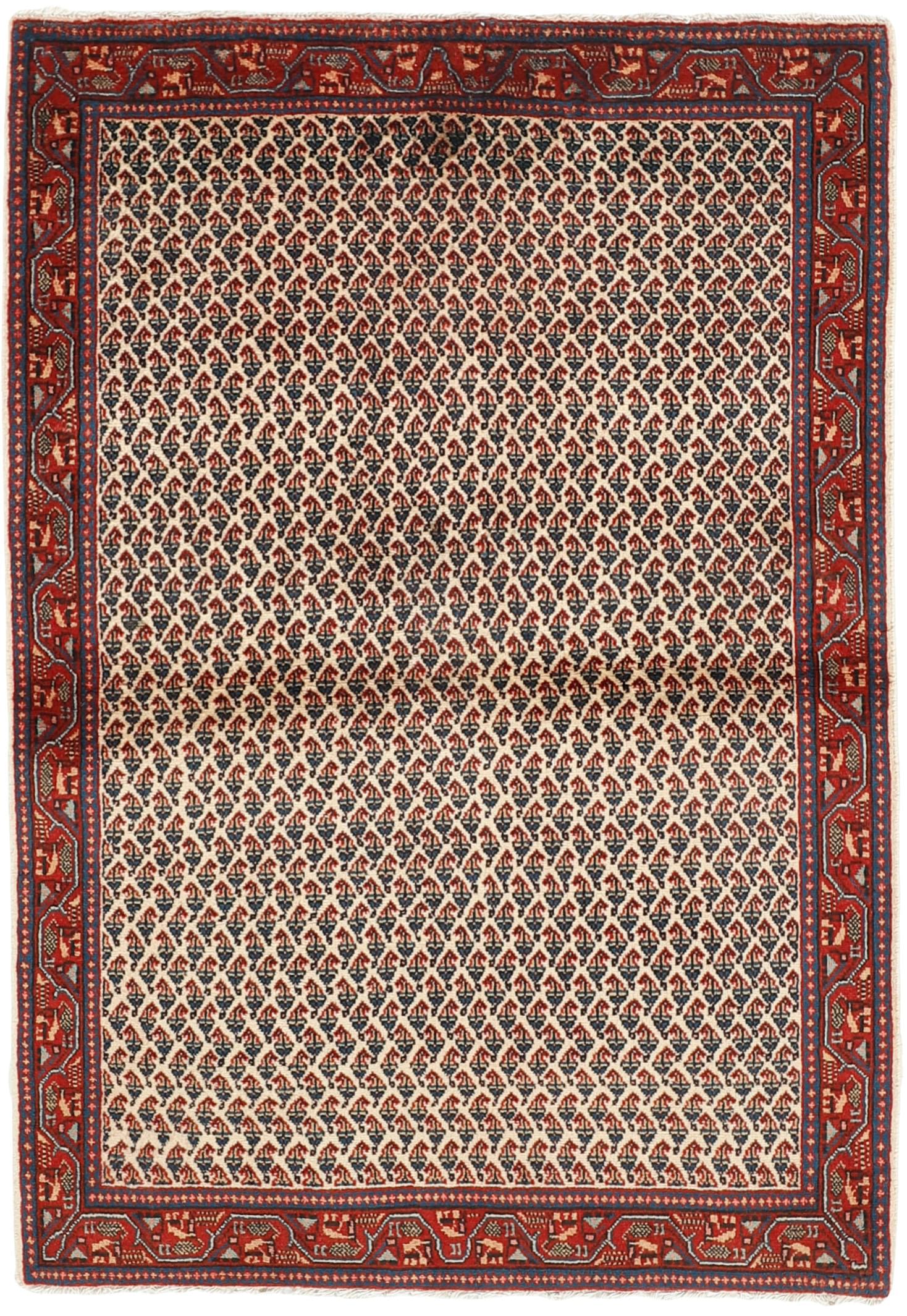 authentic persian rug with all-over traditional design in red, beige and blue