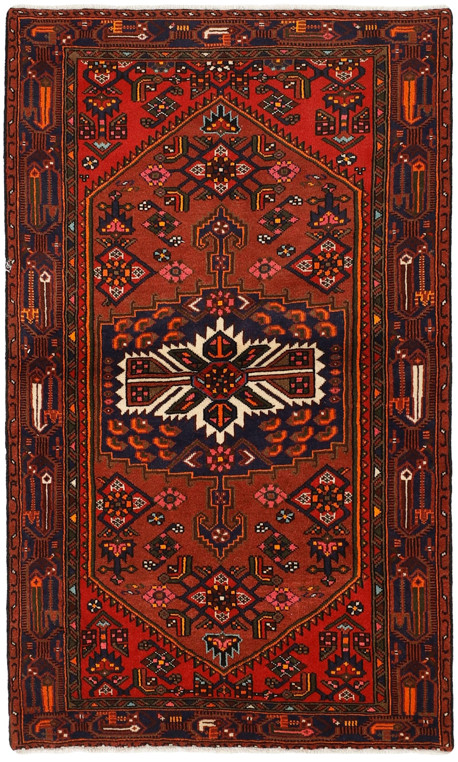 Authentic persian rug with stylised geometric design in red