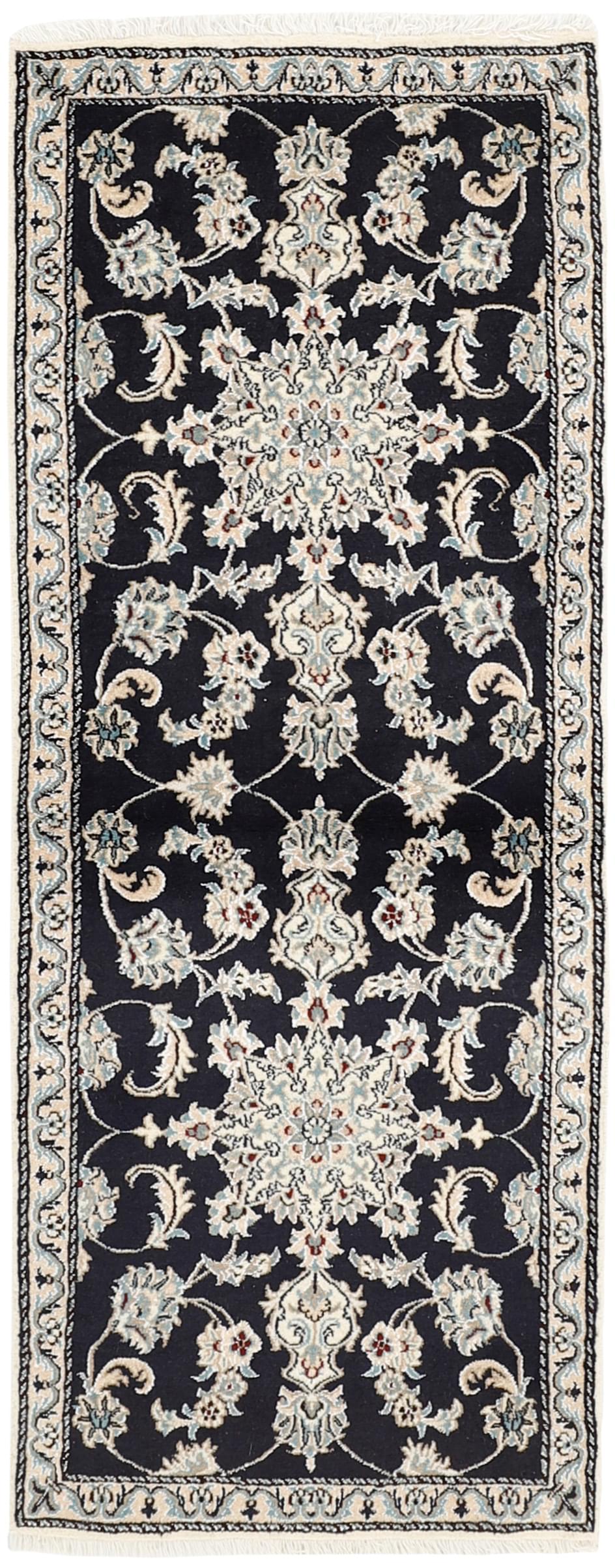authentic persian runner with navy and black floral design